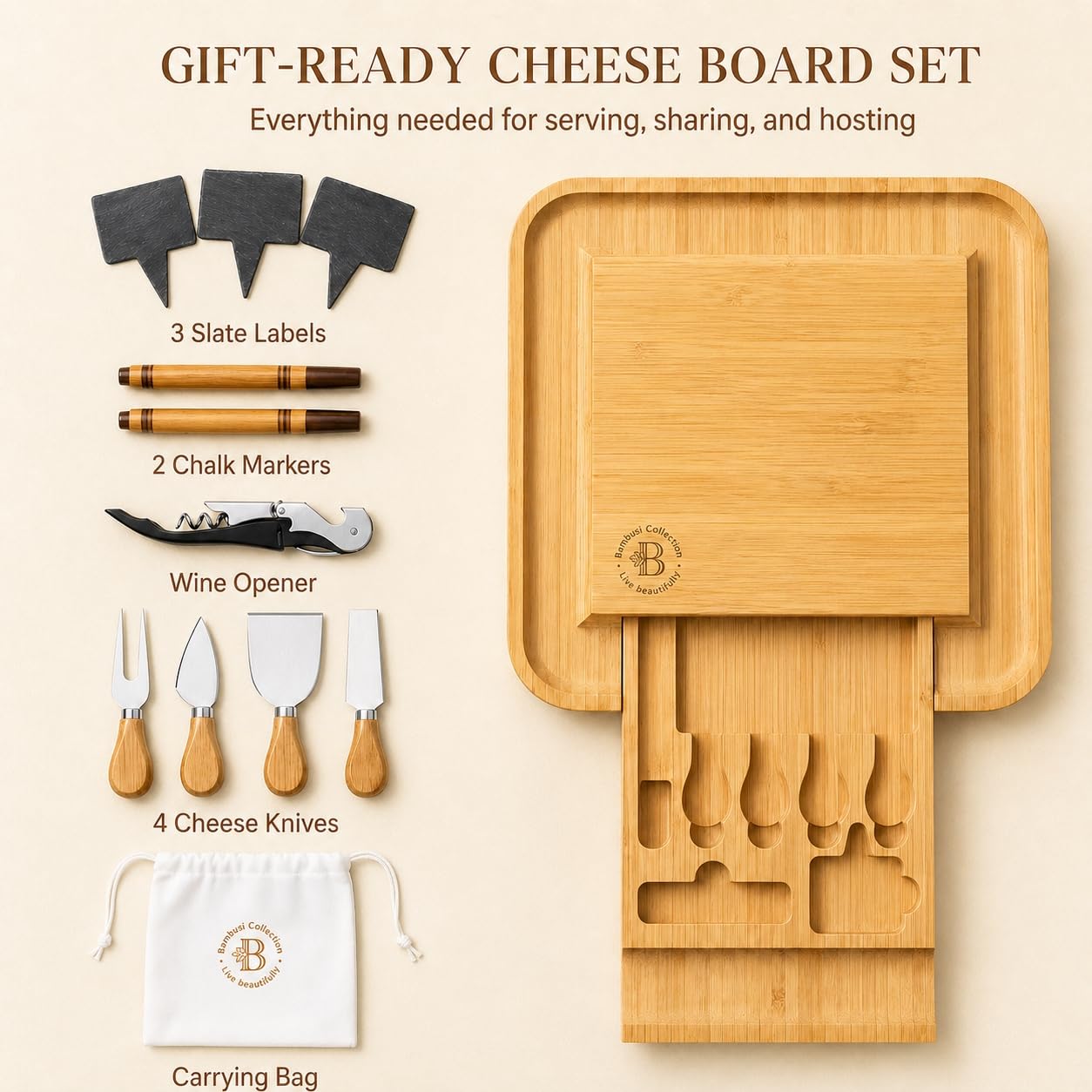 Charcuterie Boards Gift Set - Bamboo Cheese Board Set with Serving Knives, Meat Cheese Platter for Hosting Party Entertaining, Gifts for Women, Mom Dad, Wedding, Birthday, House Warming Gifts New Home