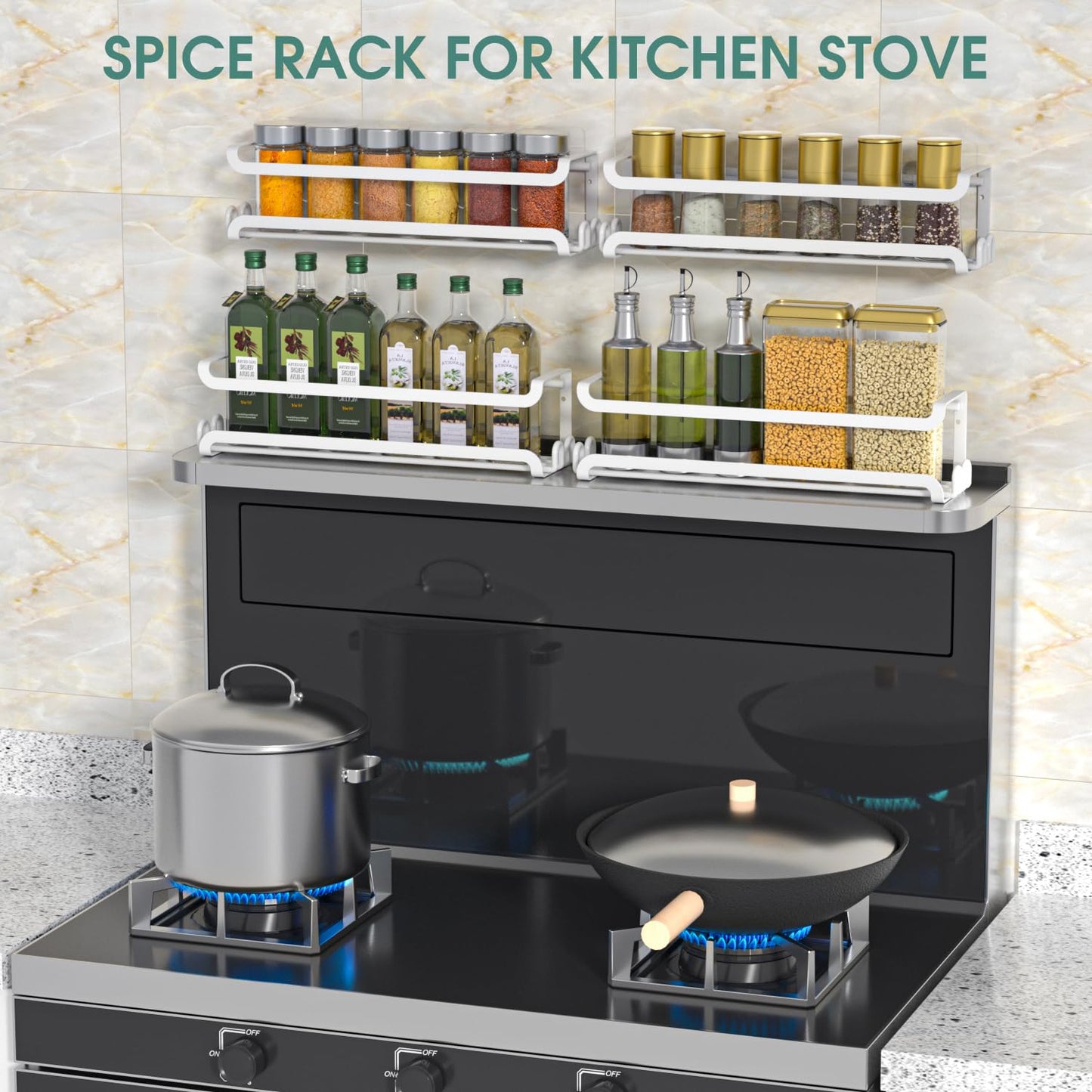 LUCYCAZ 4 Pack Wall Mounted Spice Rack with 16 Hooks, Spice Organizer Shelf for Stove Cabinet Pantry Door,Screw or Adhesive Spice Shelf Hanging Wall Spice Rack in Kitchen and RV (White, 4 PACK)