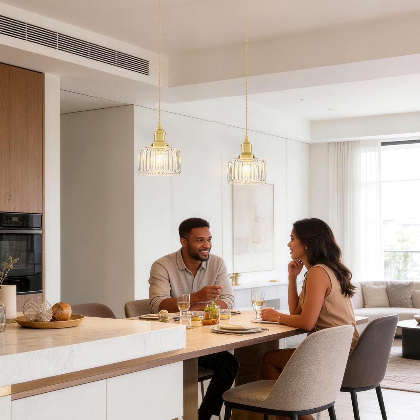 Ditoon Vintage Pendant Lights for Kitchen with Clear Striped Glass Shade, 6.9 In Brushed Gold Pendant Lights Kitchen Island, Small Kitchen Island Lighting Adjustable Hanging Light for Entrance Hallway