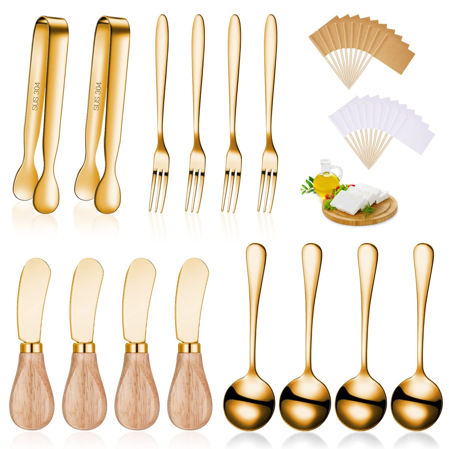 Cheese Butter Spreader Knives Set Charcuterie Accessories Stainless Steel Spreader Knives with Wooden Handles Charcuterie Boards Utensils Mini Serving Tongs Spoons and Forks (Gold,14 Pieces)