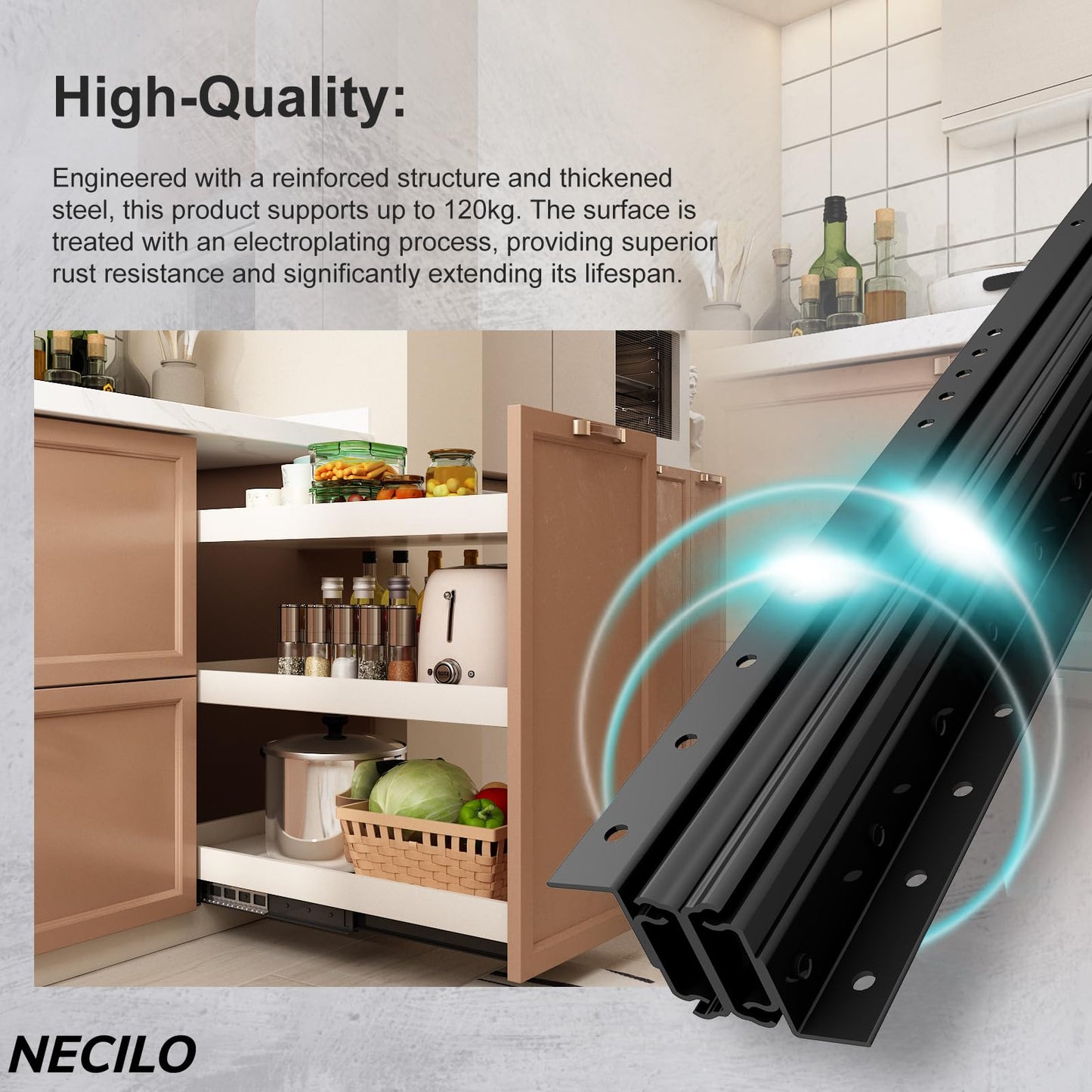 NECILO 36 Inch Undermount Heavy Duty Drawer Slides, 260 lbs Load Capacity, Full Extension Ball Bearing, Concealed Drawer Slides Suitable for Under-Stair and Base Cabinet, Bottom Mount, 1 Pair