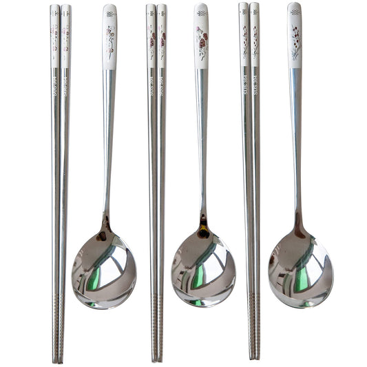 YAPULLYA Reusable Chopstick and Spoon Set, Korean Long Handle Stainless Steel Spoon and Chopsticks Set, Dishwasher Safe Metal Chop sticks, Set of 3. (Multi-patterned)