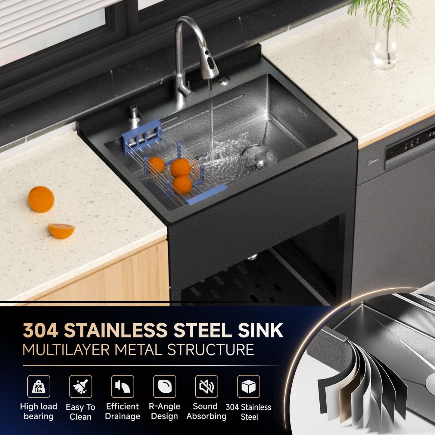 24 Inch Stainless Steel Utility Sink, Freestanding Commercial Sink with Pull-out Faucet,Heavy Duty Single Bowl Laundry Sinks for Garage,Kitchen,Outdoor, 24.21"L x 18.66"W x 35.04"H,Black