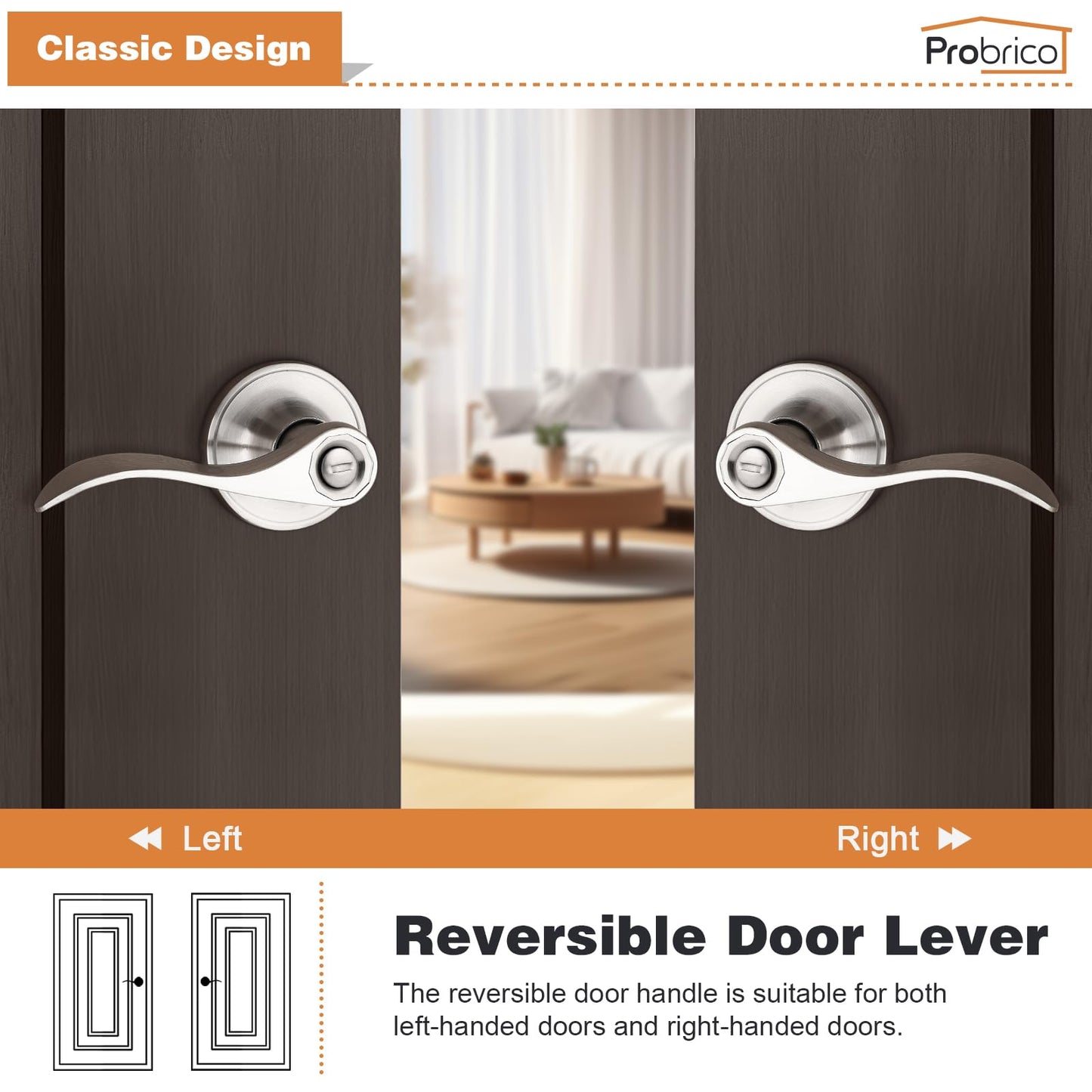 Probrico Satin Nickel Wave Style Privacy Door Levers Bath/Bed Door Handles, Interior Keyless Door Locksets, 3 Pack