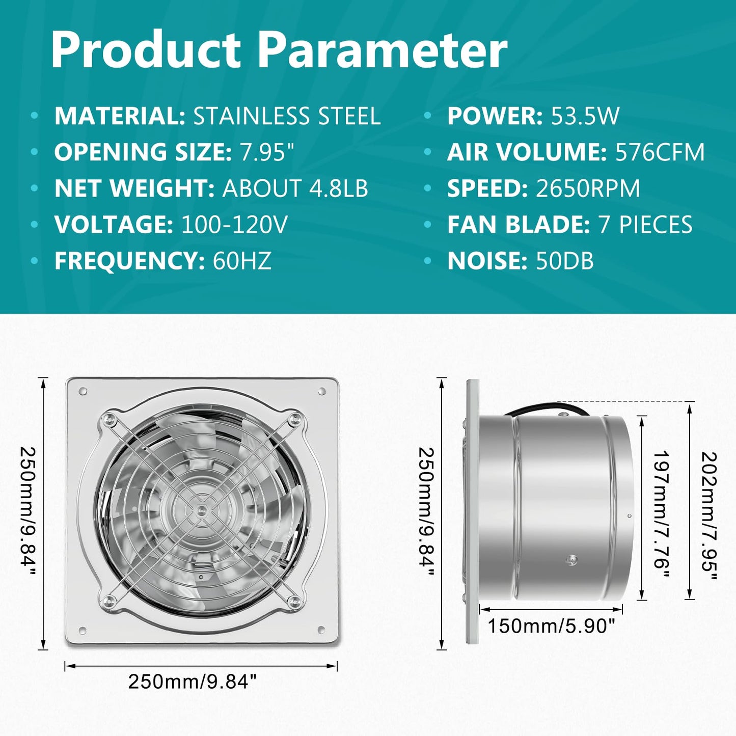 HG Power 8 Inch Kitchen Exhaust Fan, 576CFM Metal Attic Exhaust Fan, Wall Mounted Garage Ventilation Fan, Basement Extractor Fans with Backdraft Damper for Home Office Commercial Use, Silver