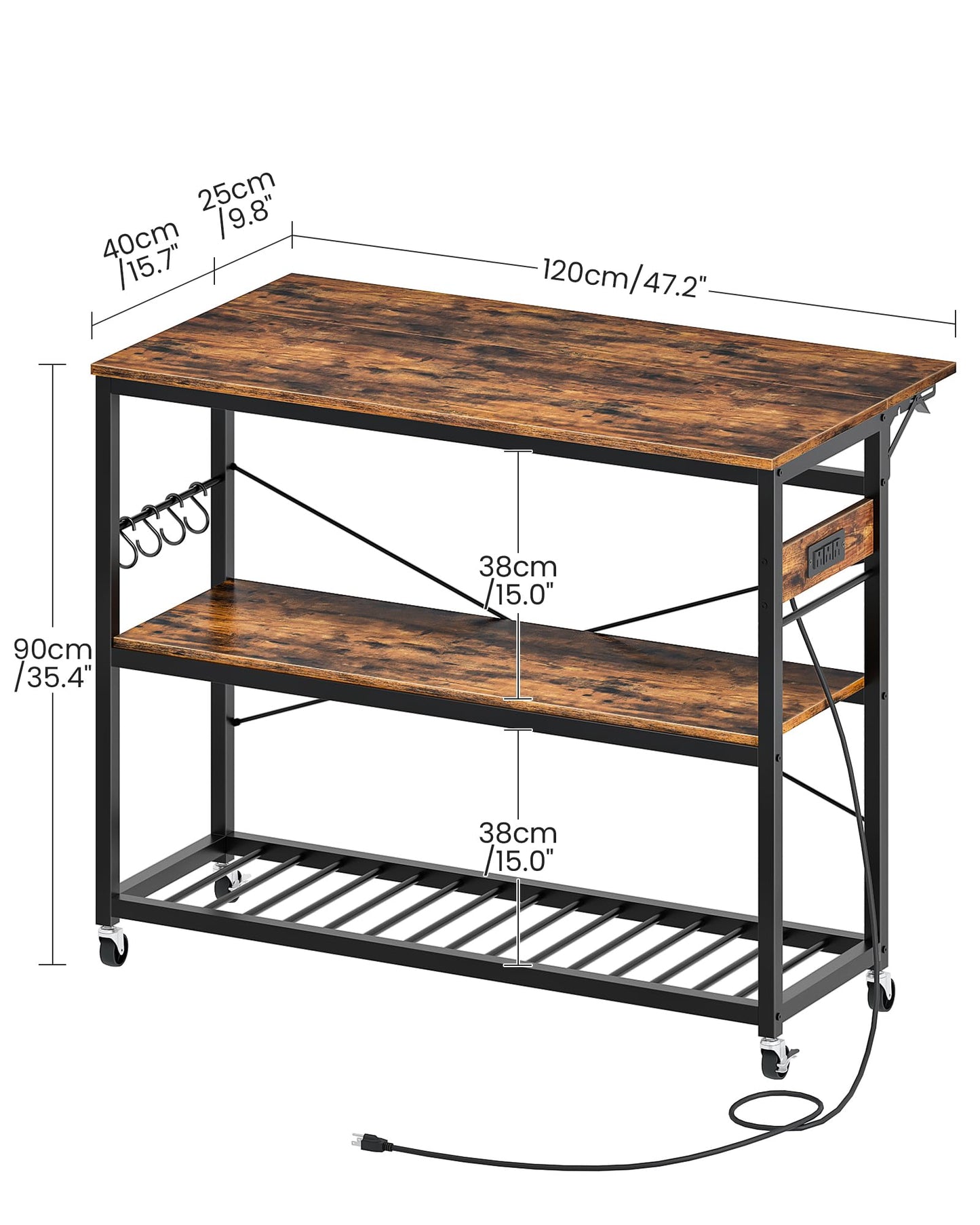 CHOEZON Kitchen Island with Power Outlet and Folding Top, Movable with 3-Tier Storage, Large Size, Wooden Shelves and Wine Rack, for Kitchen, Dining and Living Room, Rustic Brown and Black TZD02UBF