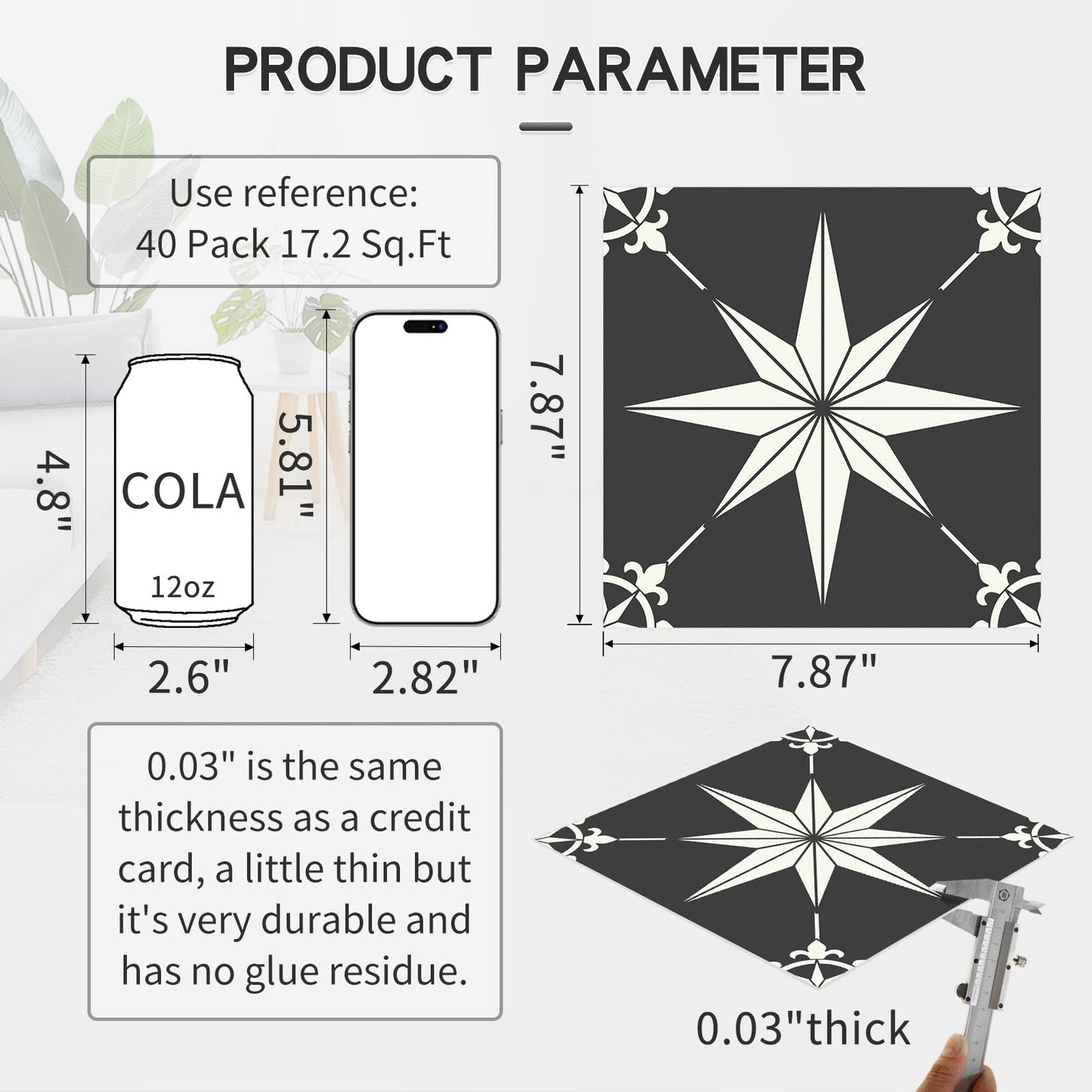 MORCART Peel and Stick Floor Tile - 40 PCS, 7.87" x 7.87" Vinyl Flooring - Waterproof Self-Adhesive Tile Sticker for Bathroom, Kitchen, Living Room, Bedroom - Black and White/Retro Floral Look