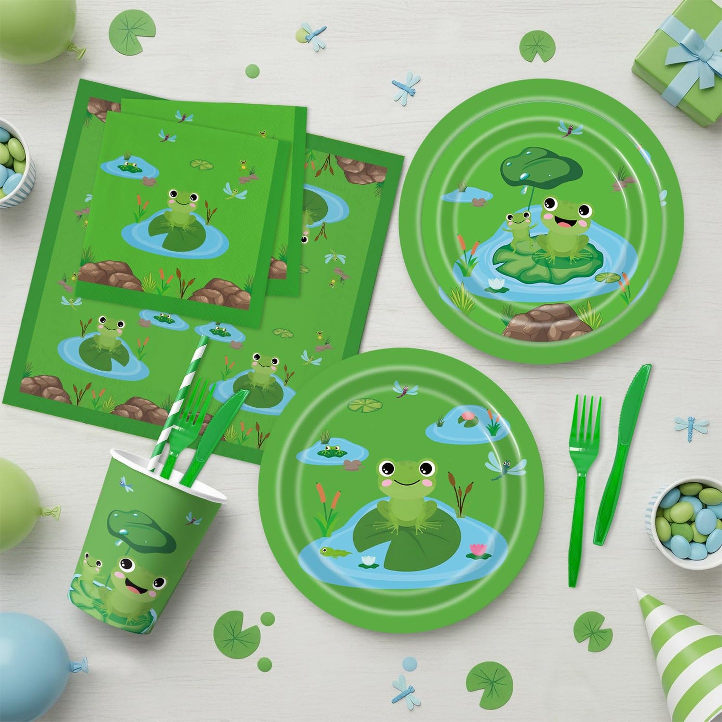 140Pcs Frog Birthday Party Decorations for 20 Guests - Tableware Supplies Frog Party Plates and Napkins Forks Cups Knives Straws for Baby Shower Birthday Party Decorations