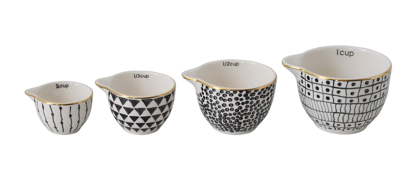 Creative Co-Op Black & White Stoneware Measuring Cups with Gold Electroplating (Set of 4 Sizes)