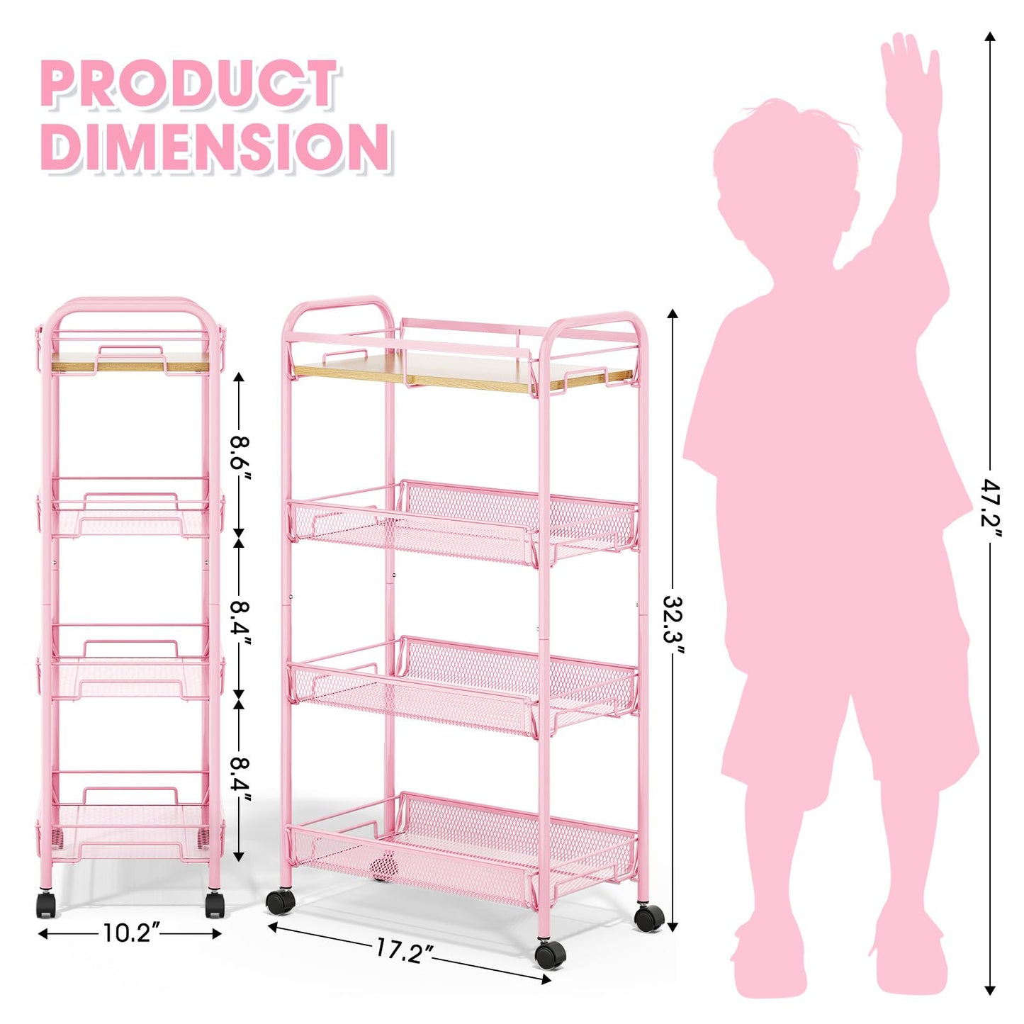 TOOLF 4-Tier Rolling Cart, Metal Utility Cart, Slide Out Storage Cart with Wooden Tabletop and Mesh Baskets, Easy Assemble Trolley for Kitchen Bathroom Laundry Room Bedroom Apartments Dormitory