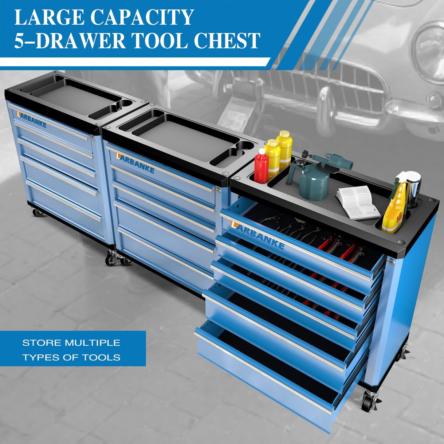 LARBANKE 5-Drawer Rolling Tool Chest with 360° Wheels and Lock&Keys,Tool Cabinet with Non-slip Pearl Cotton Mat and Multifunctional Countertop,Connecting Rods Can Be Connected with 7-Drawer Tool Chest