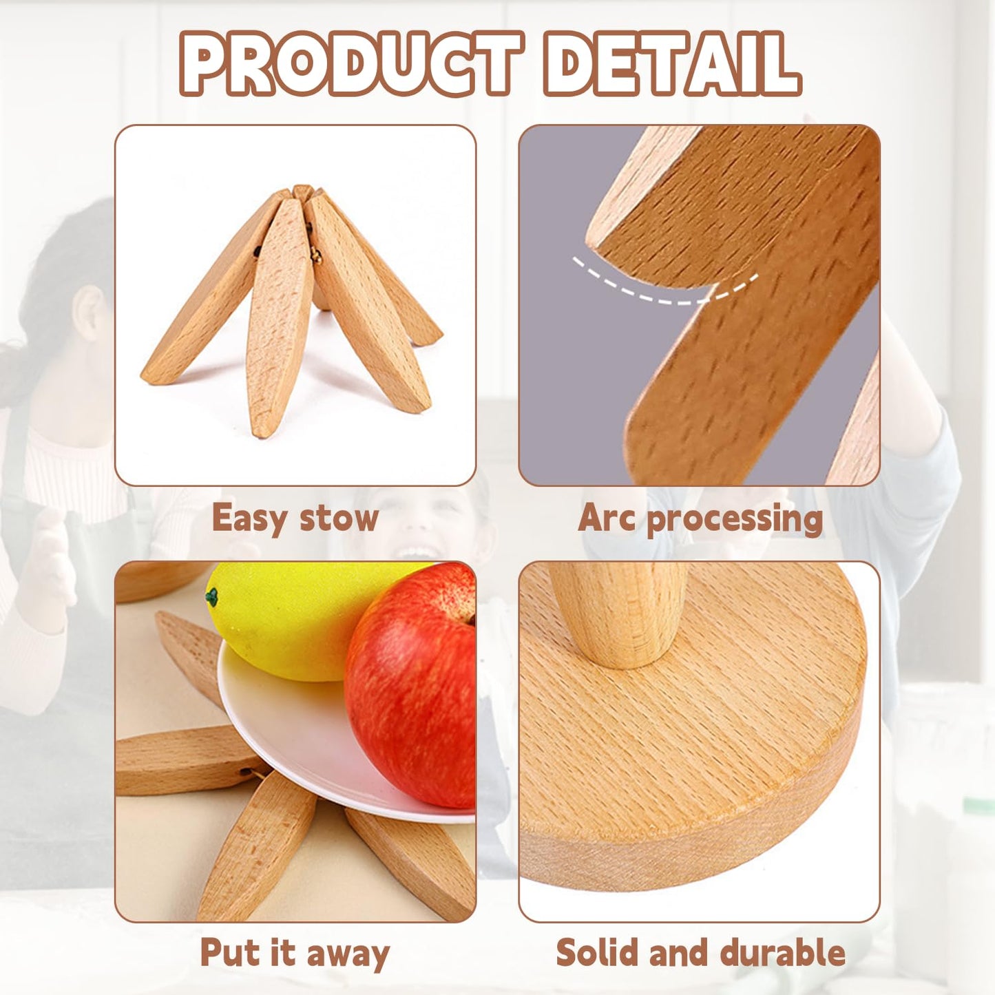 Natural Foldable Black Walnut Wooden Trivet Set - 4 Trivets + 1 Stand for Hot Dishes, Pot, Bowl, Teapot, Hot Pot Holders(Black Walnut)