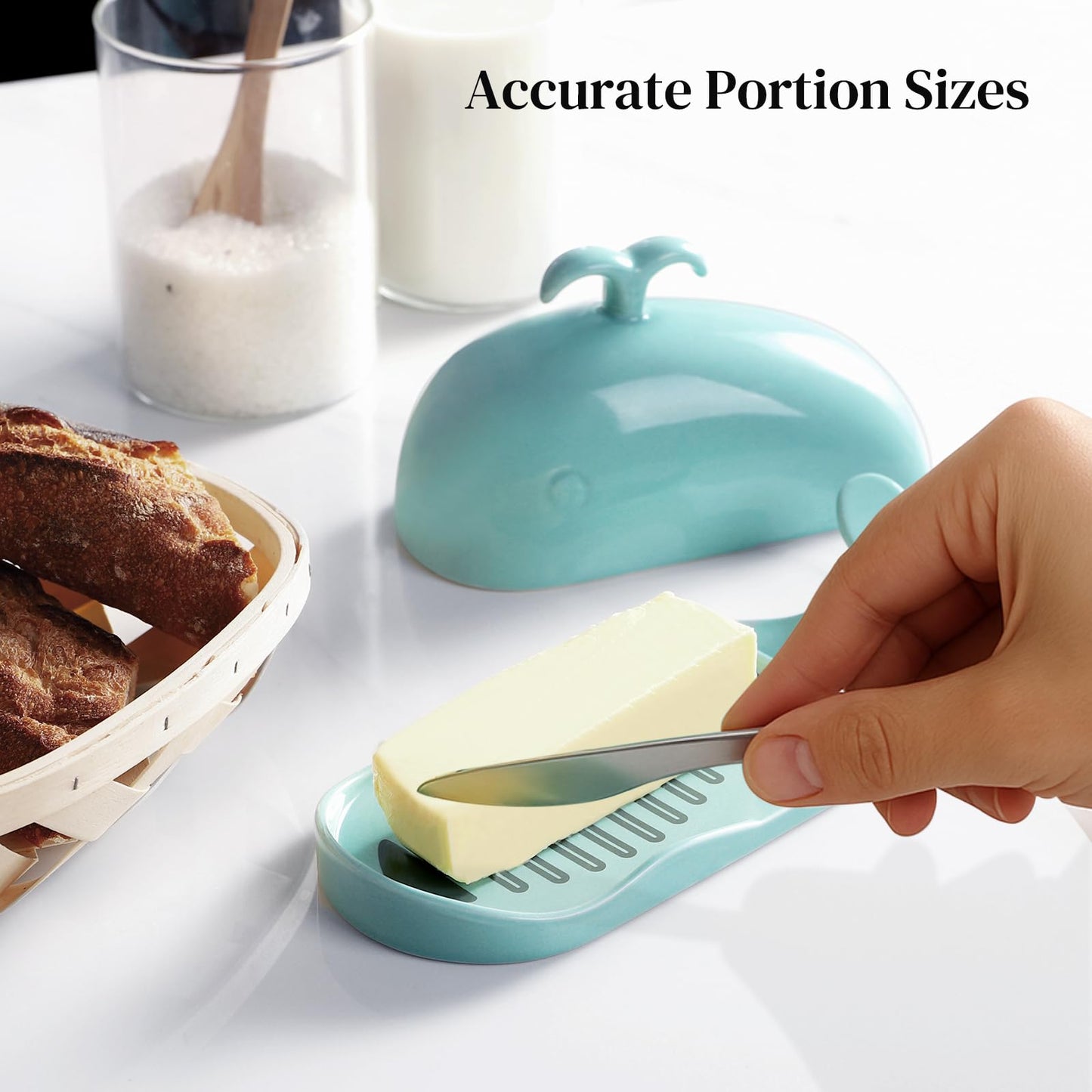 DOWAN Whale Butter Dish, Cute Butter Dish, Funny Gifts for Mom Wife Friends, Fish Bone Cutting Measuring Lines and Tail Non-slip Design, Ideal Decor Gift for Birthday Wedding Housewarming, Turquoise