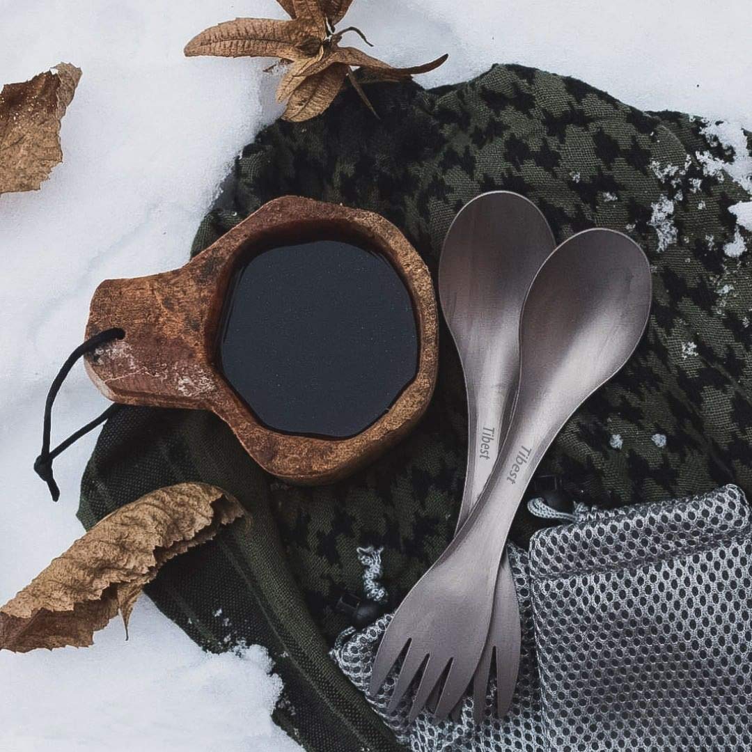 Tibest 2 in 1 Titanium Spoon and Fork Combo Backpacking Utensils Lightweight Eco-Friendly Spork for Camping Backpacking Hiking Travel etc (2 Pack)