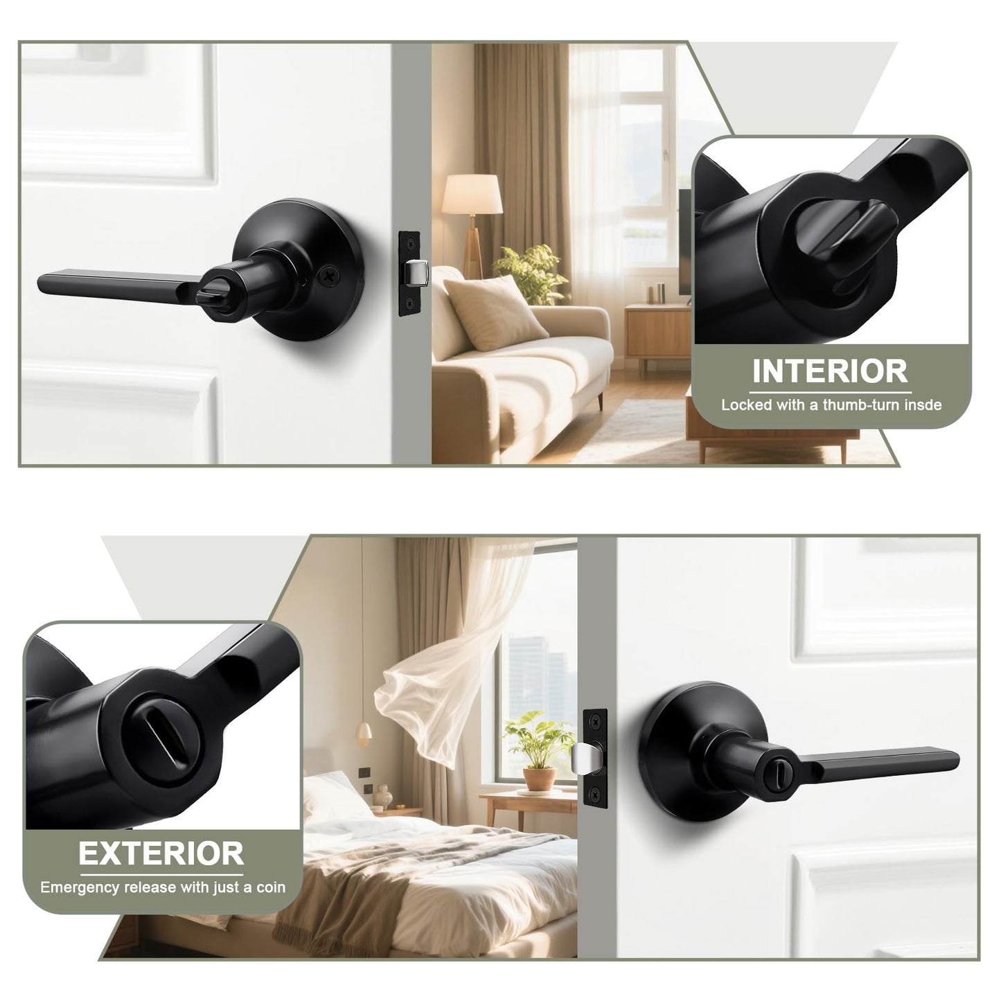 GOBEKOR 5 Pack Matte Black Door Handles Interior,Heavy Duty Privacy Door Levers with Lock,Sleek Round Interior Door Handles for Bedroom and Bathroom with No Key