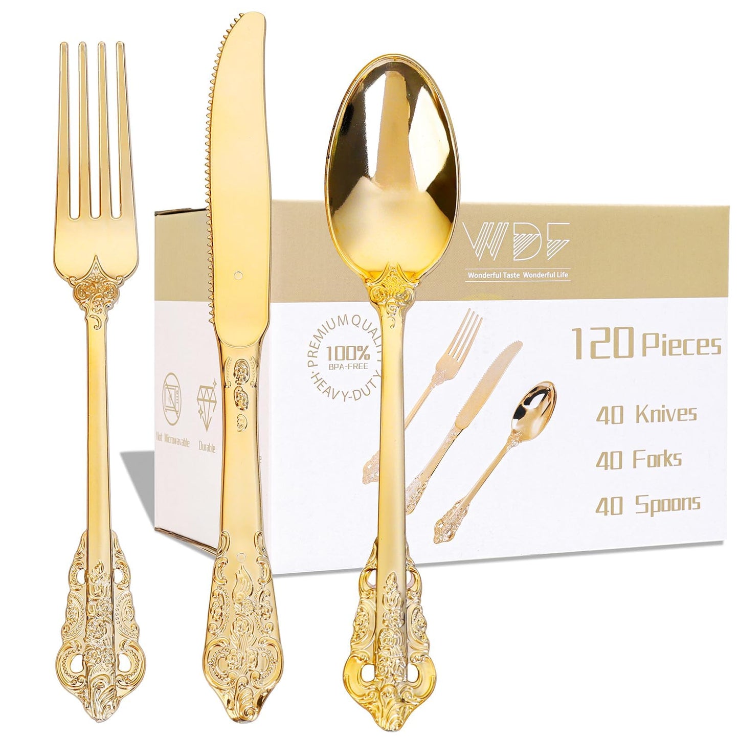 WDF 120PCS Gold Plastic Silverware - Heavy Duty Gold Plastic Cutlery Set Disposable Utensils - 40 Forks, 40 Spoons, 40 Knives, Perfect for Party Weeding Daily Use Baby Showe Spring