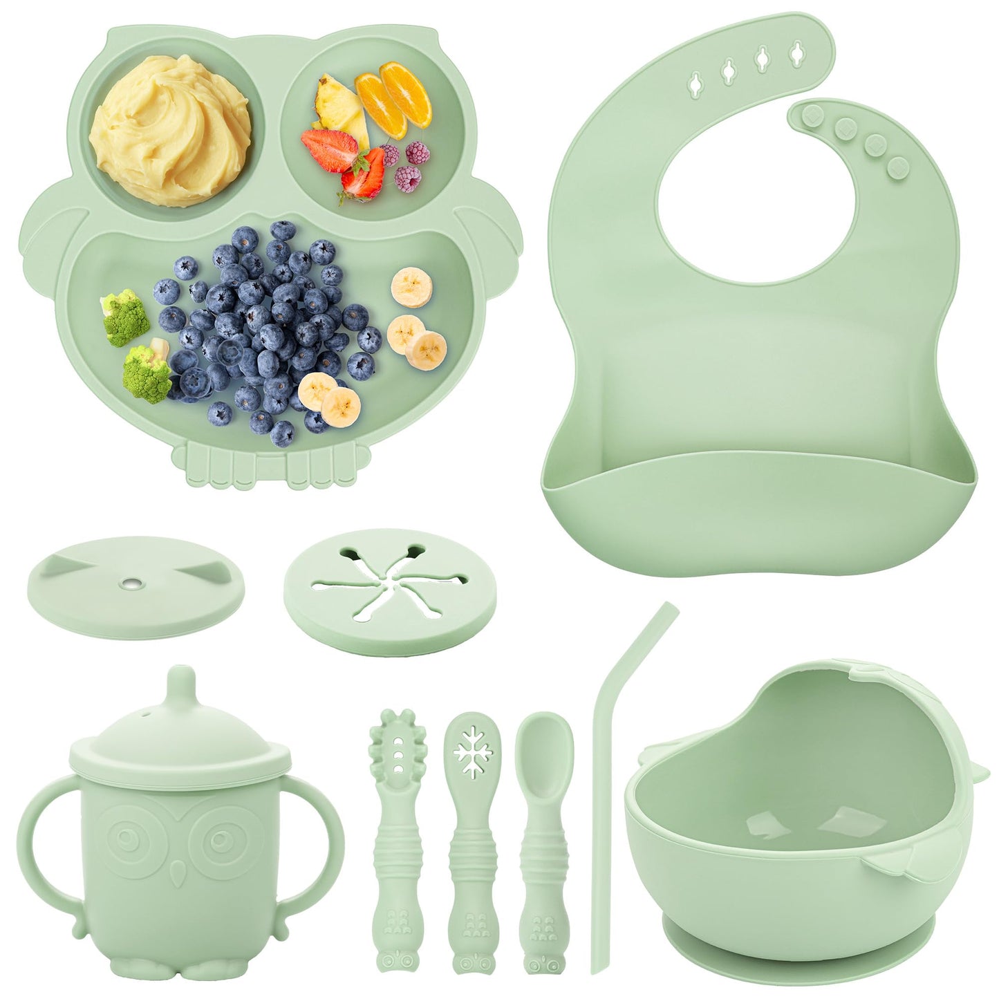 Bnditeu Baby Weaning Set, Silicone Feeding Set(10 Pcs), Toddler Set with Adjustable Bib, Suction Bowl, Plate, Fork, Spoon, Water & Snack Cup Kit, Led Kit for Babies, and Kids Green GJTZ-04