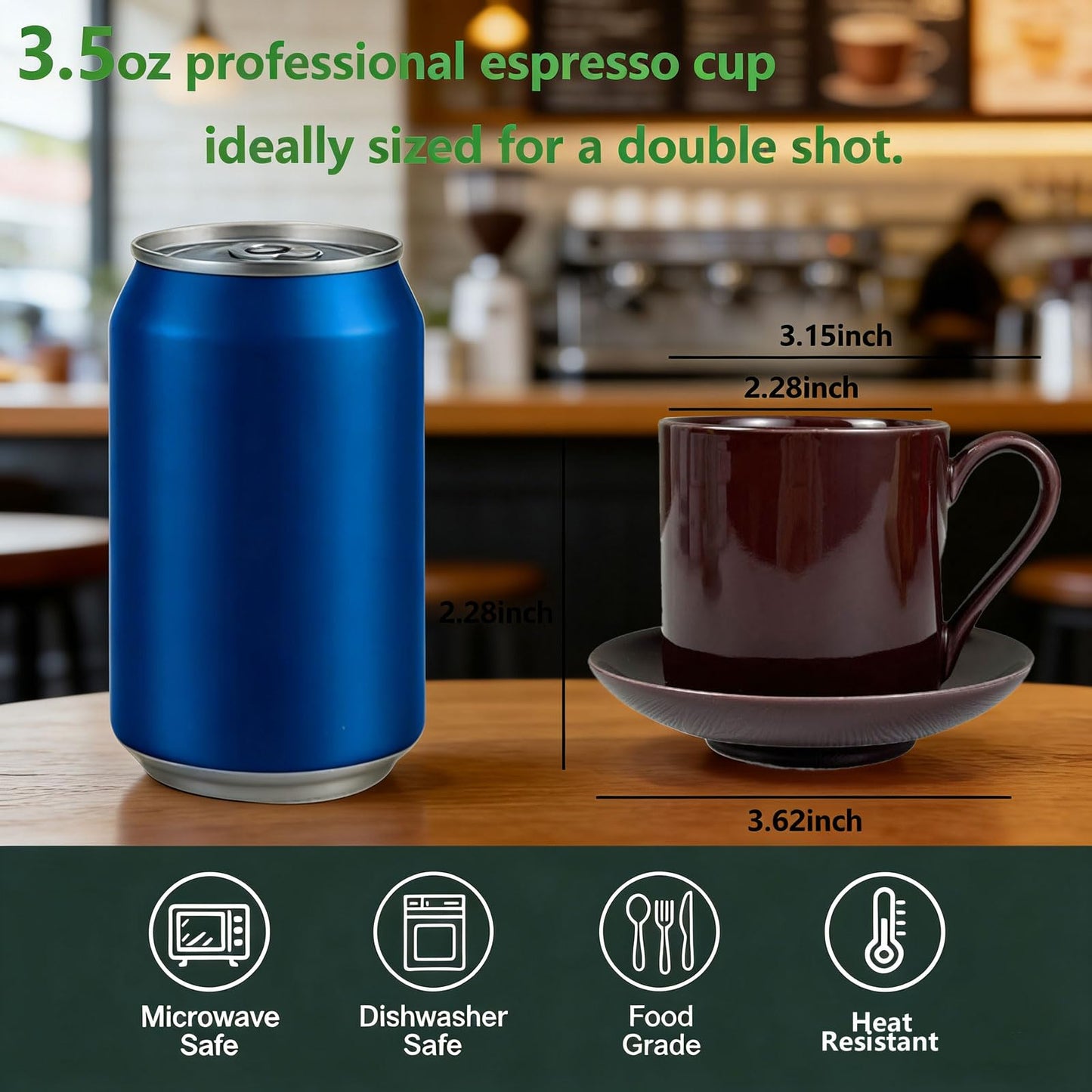 Porcelain 3.5oz Espresso Cups Set of 2 with Matching Saucer, Ceramic Demitasse Espresso shot Cups for Turkish, or Italian Coffee- Microwave Dishwasher Safe,Brown
