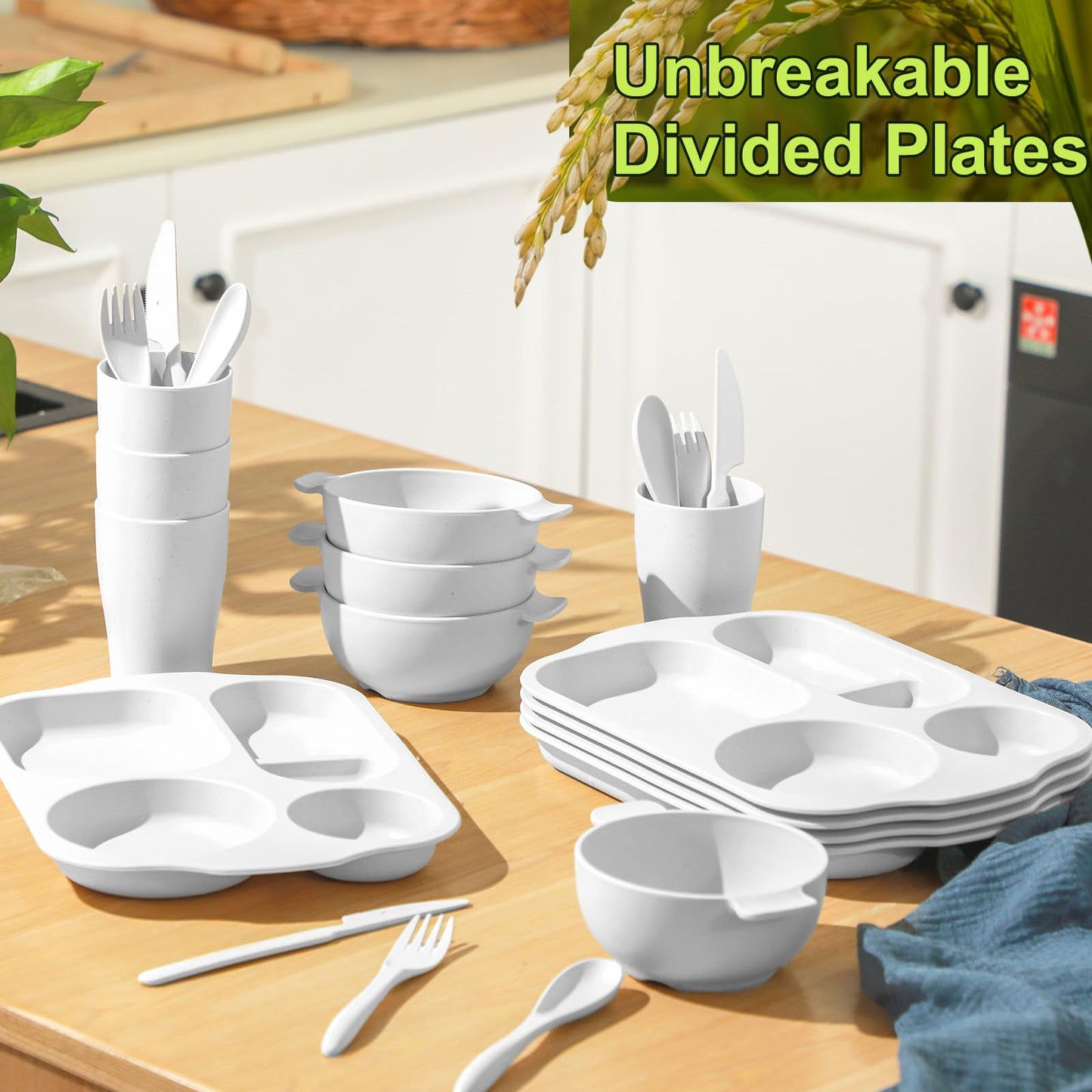 24 Pcs Wheat Straw Dinnerware Cutlery Set for Aldult Including Divided Plates Microwave Dishwasher Safe Bowl Unbreakable Tableware Straw Cutlery Spoon Knife Fork(White)