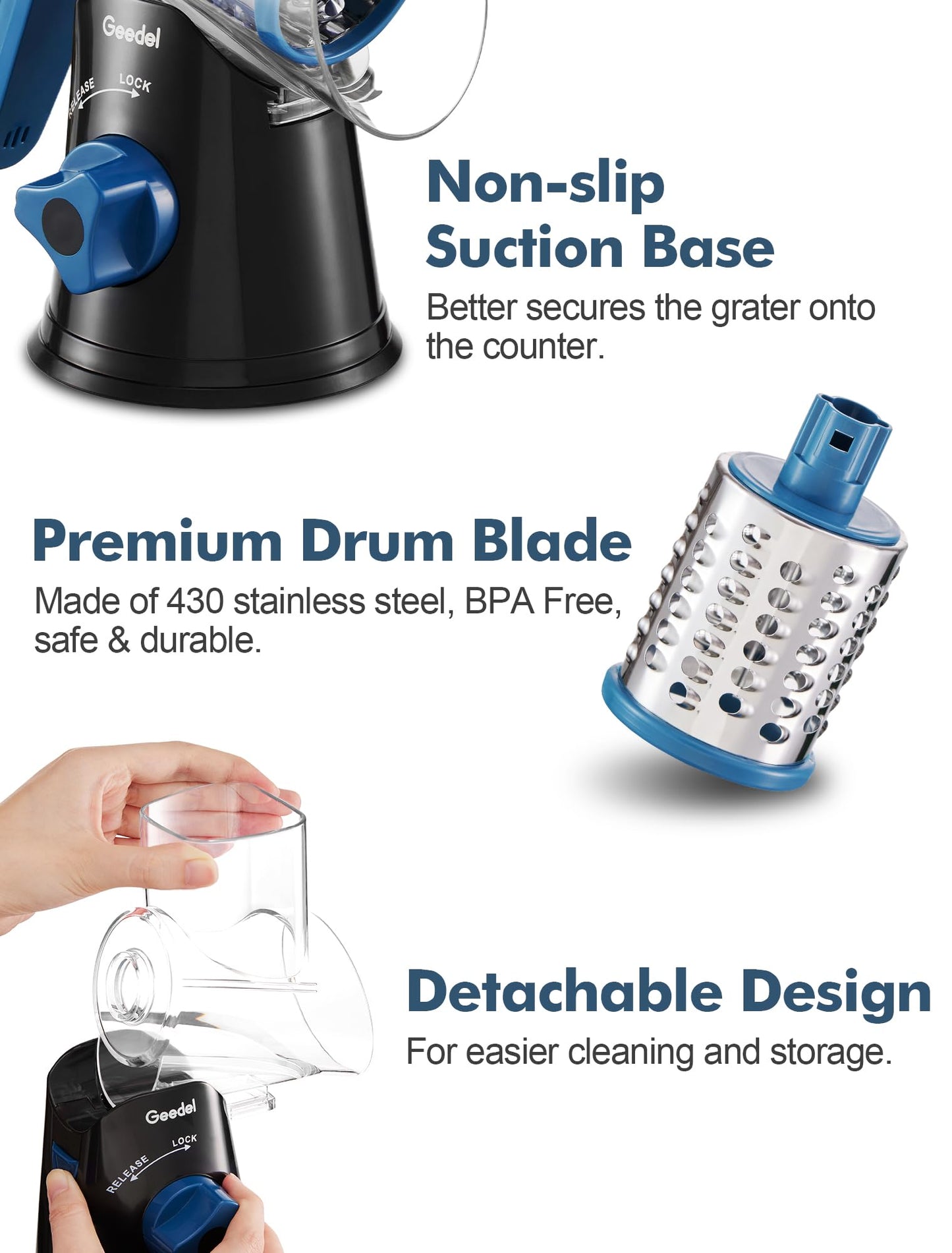 Geedel Rotary Cheese Grater, Kitchen Mandoline Vegetable Slicer with 3 Interchangeable Blades, Easy to Clean Rotary Grater Slicer for Fruit, Vegetables, Nuts