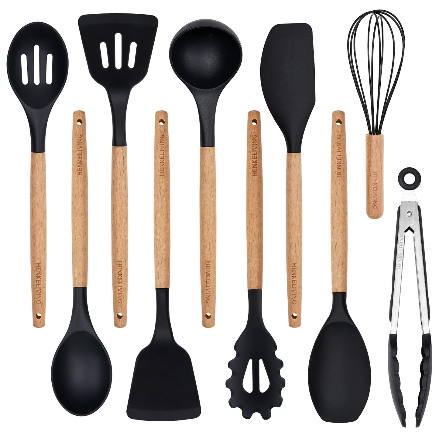 Silicone 10 Pcs Kitchen Cooking Utensils Set, Recycled Materials Certification, BPA Free Spatula Set with Heat Resistant Wood Handles for Nonstick Cookware, Black