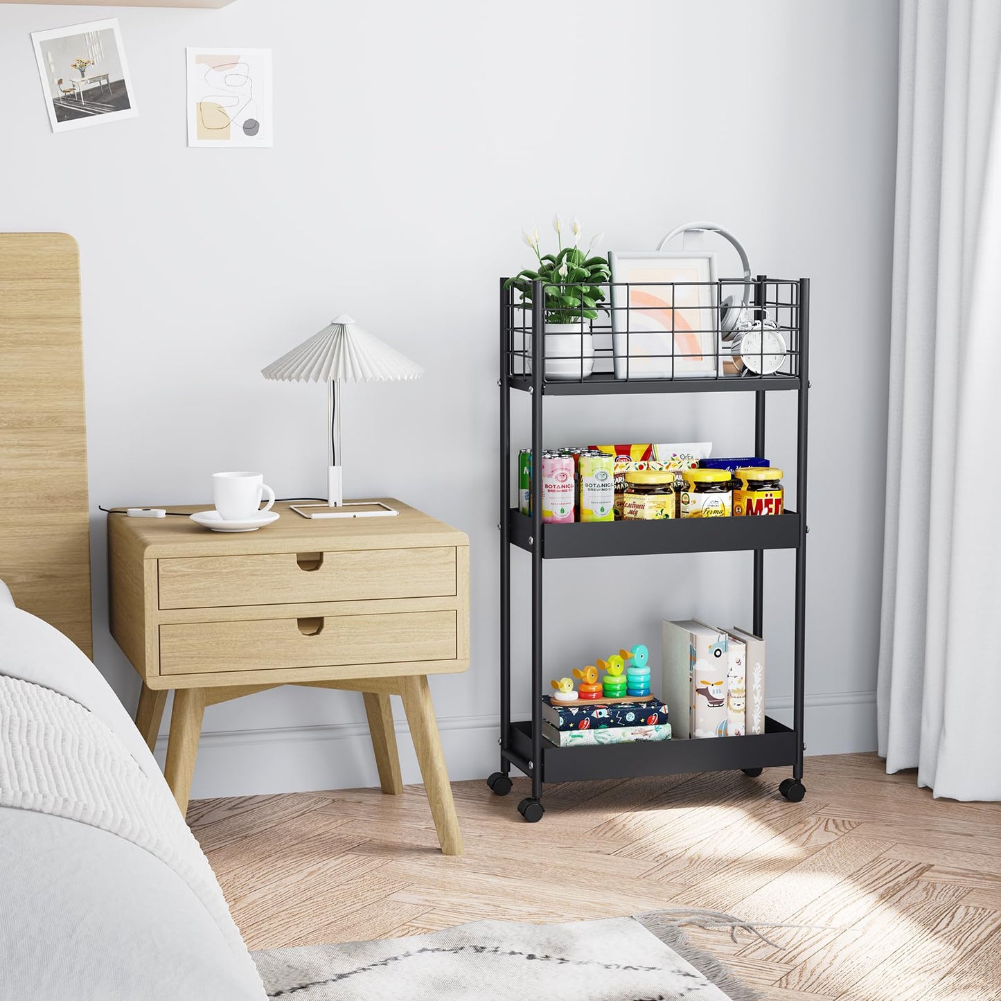 KINGRACK 3-Tier Metal Rolling Cart, Slim Storage Cart, Mobile Shelving Unit Trolley with Wheels, Bathroom Tier,Bathroom Organizer Utility for Laundry Room, Office, Narrow Place, Black
