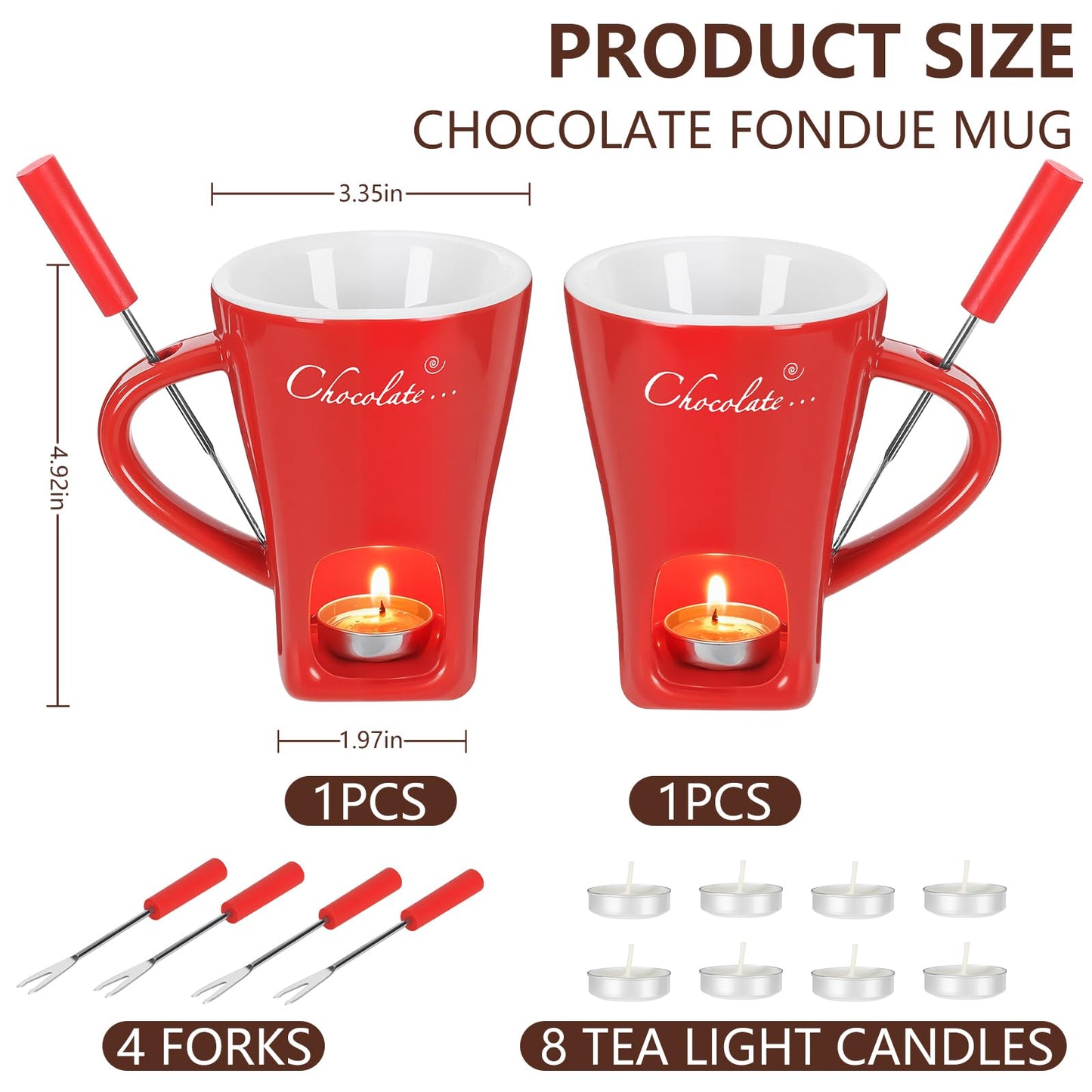 Fondue Pot Cup Set, Chocolate Melting Fondue Mugs 2 Pack with 4 Forks & 8 Tealights, Mini Red Ceramic Fondue Set for Cheese, Marshmallows, Sweet Fondue Cup for Date Night Party Wedding or Holiday Gift