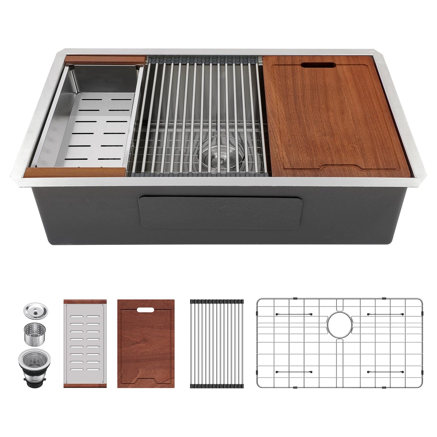 Lordear 33 Undermount Kitchen Sink 33" x 19" Stainless Steel Sinks 16 Gauge Single Bowl Ledge Workstation Handmade Under Counter Kitchen Sink Basin with Built-In Accessories
