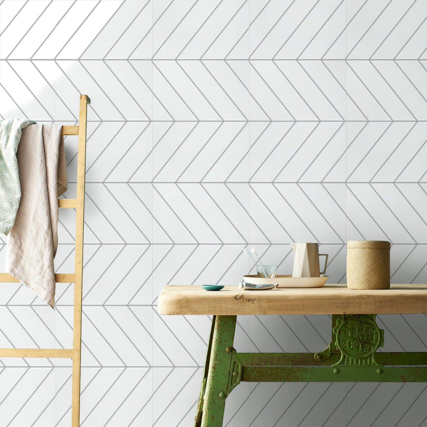 STICKGOO 10 Sheets Thicker Herringbone Peel and Stick Backsplash, 12.6”×9.7” Stick on Wall Tiles, Self Adhesive Tile Sticker for Kitchen Backsplash and Bathroom, White with Grey Grout