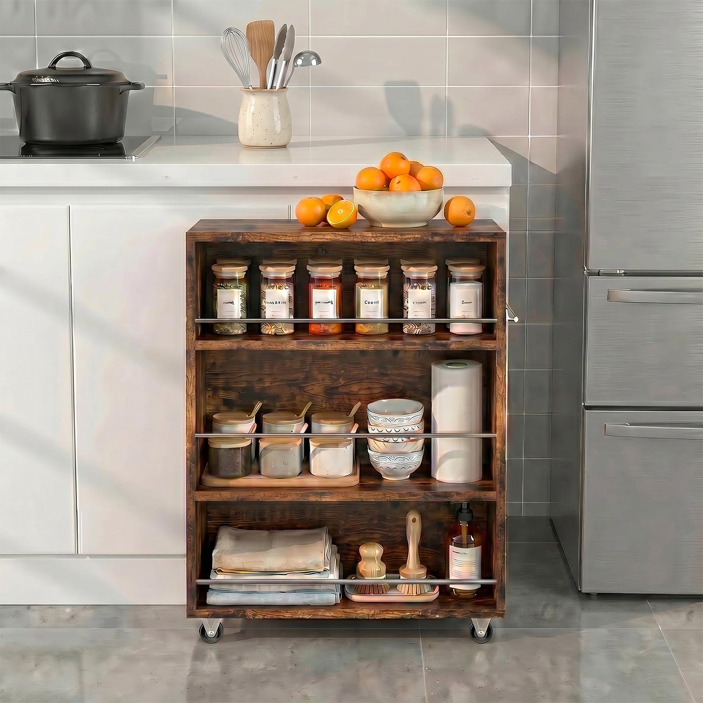 ALBAD Slim Rolling Cart,4-Tier Storage Cart with Wheels,7.9”W Slim Storage Carts with Handle for Kitchen Laundry Narrow Places Bathroom Dining Room Small Spaces