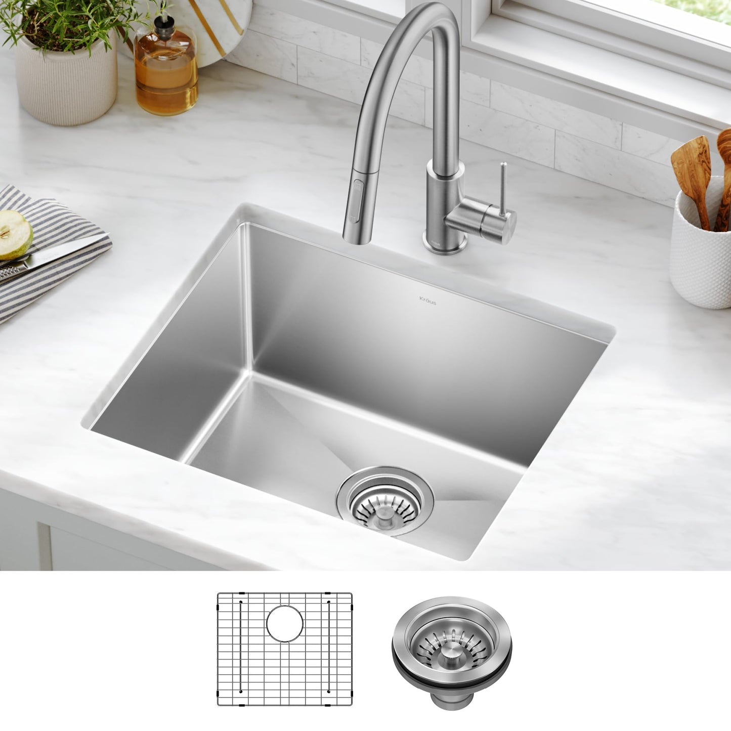 Kraus KHU101-21 Standart PRO 16 Gauge Undermount Single Bowl Set (4 Item Bundle: Sink, Bottom Grid, Drain Assembly, Kitchen Towel), 21 Inch, Stainless Steel