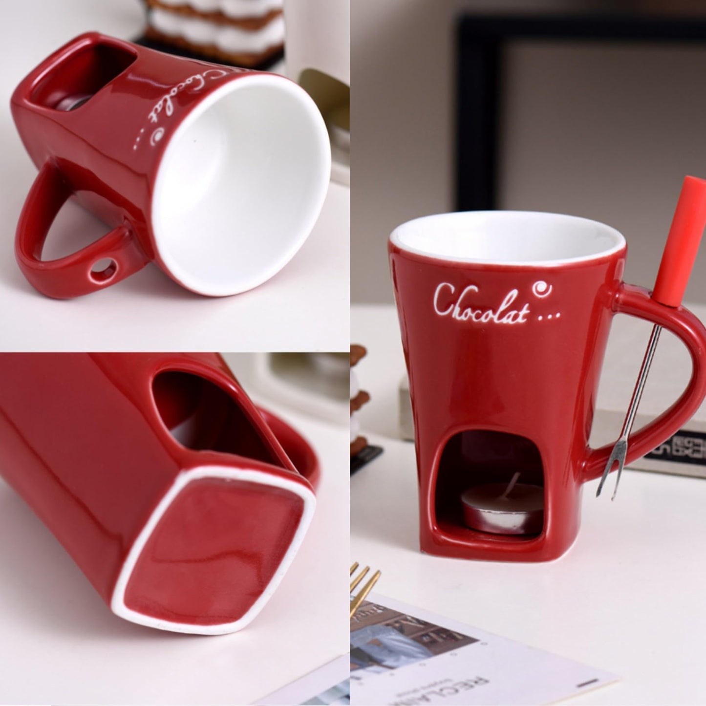 Fondue Cup, Chocolate Melting Fondue Mugs Set of with Forks and Candle, Ceramic Chocolate Melting Cup, Mini Chocolate Fondue Cups Set For Date Night Birthday Wedding Gifts (Red)