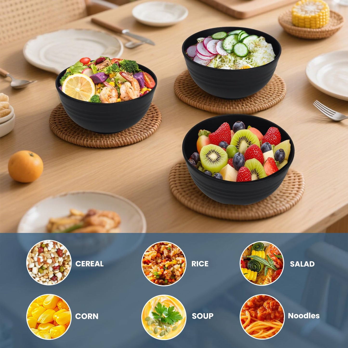 BUSOKIP Ramen Bowl 26oz, Unbreakable Wheat Straw Bowls Sets of 6, Plastic Bowl Reusable, Microwave & Dishwasher Safe Cereal Bowls for Kitchen, Dorm, Office- Black