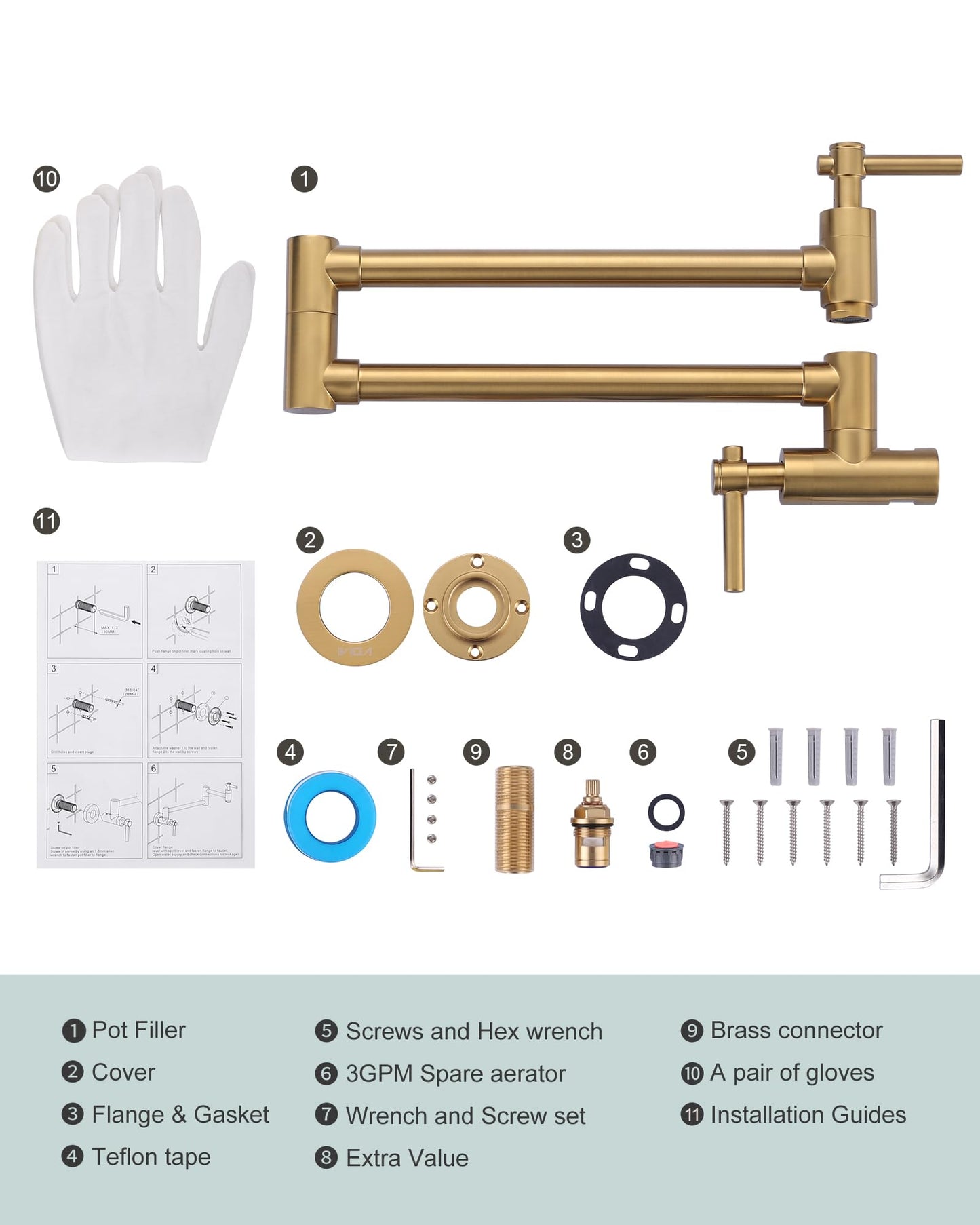 iVIGA Gold Pot Filler Faucet, Wall Mount Copper Folding Faucet 2 Handle with Double Joint Swing Arms, Single Hole Brass Kitchen Faucet Over Stove