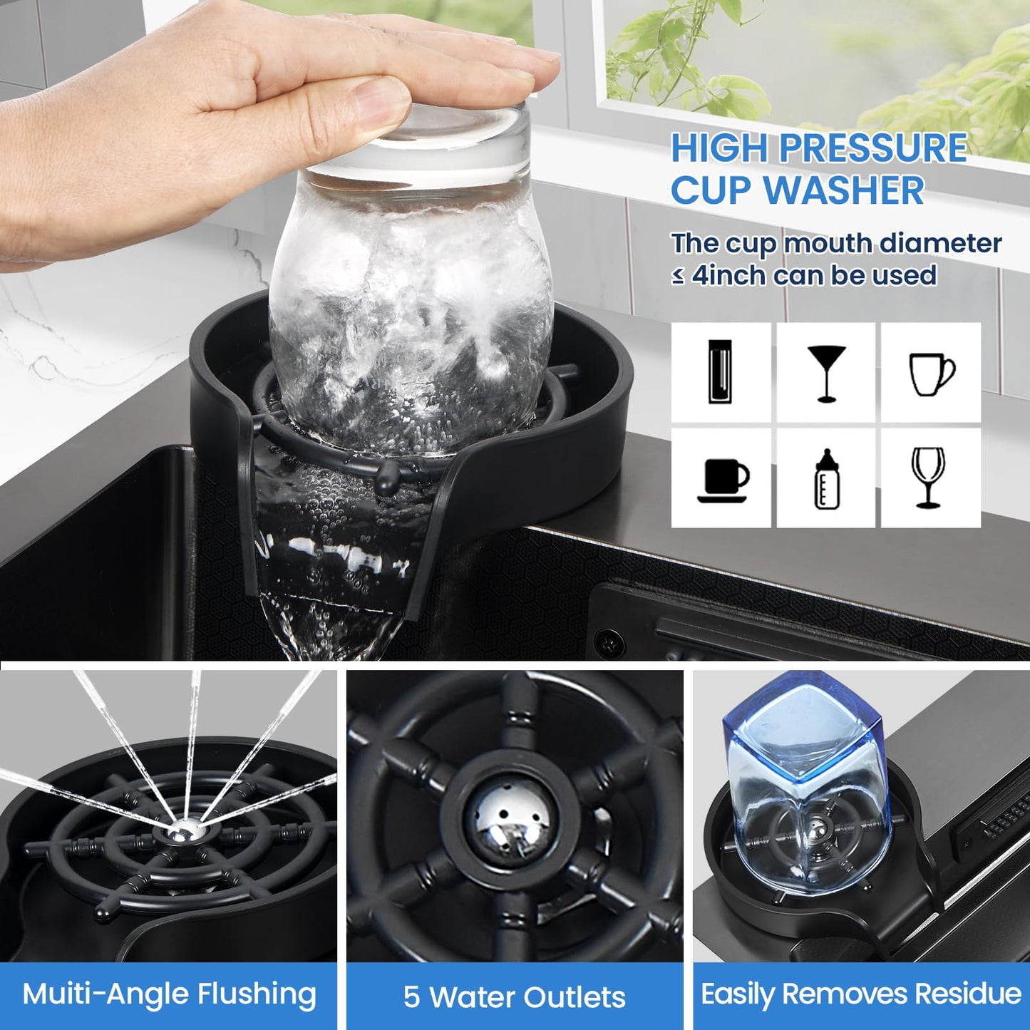 Kunoqi 33x22 Inch Kitchen Sink with Waterfall Faucet Combo, Nano PVD Black 16 Gauge Stainless Steel Workstation, Scratch Resistant Single Bowl Drop-In Sink, Multifunctional Handmade Design