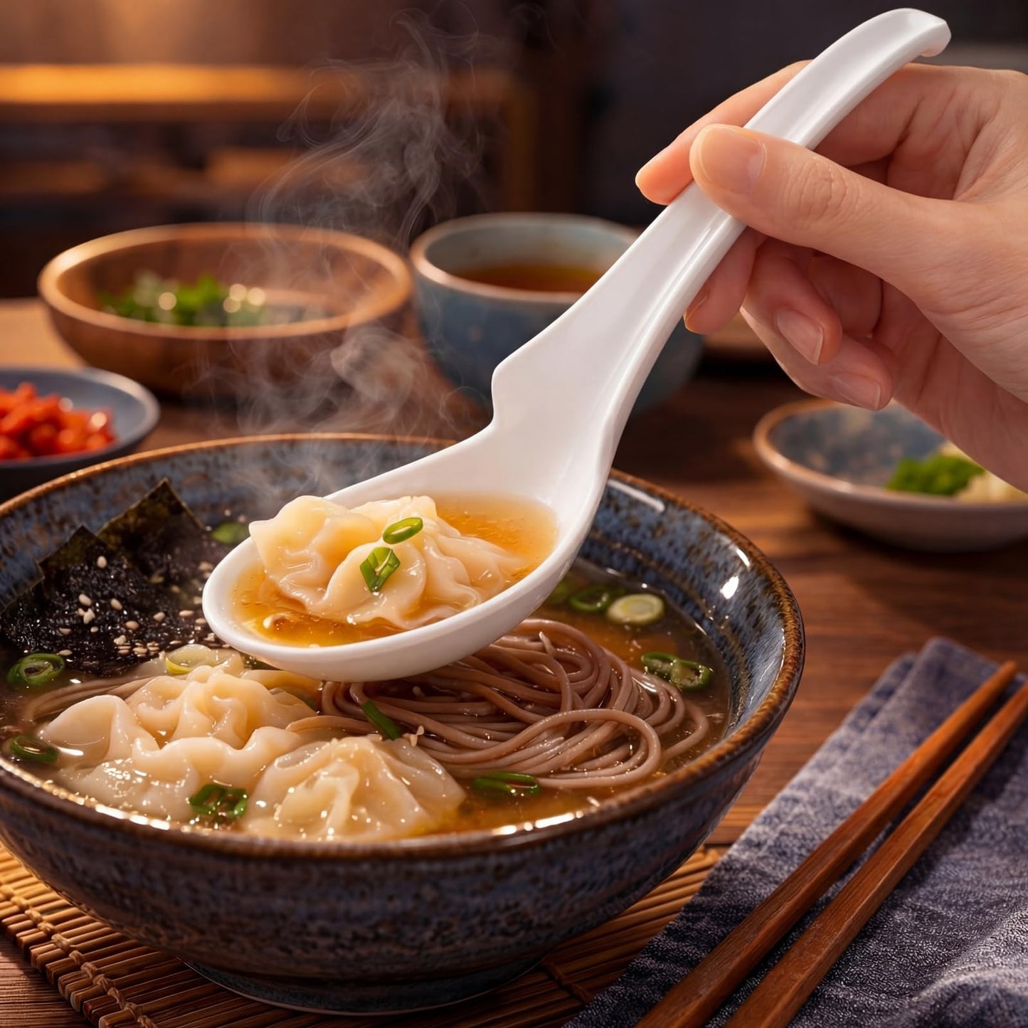 Hushee 12 Pack White Asian Soup Spoons Chinese Won Ton Soup Spoon for Soba, Pho Noodles, Ramen, Asian Noodles, Dishwasher Safe Certified Melamine 6.25 Inch