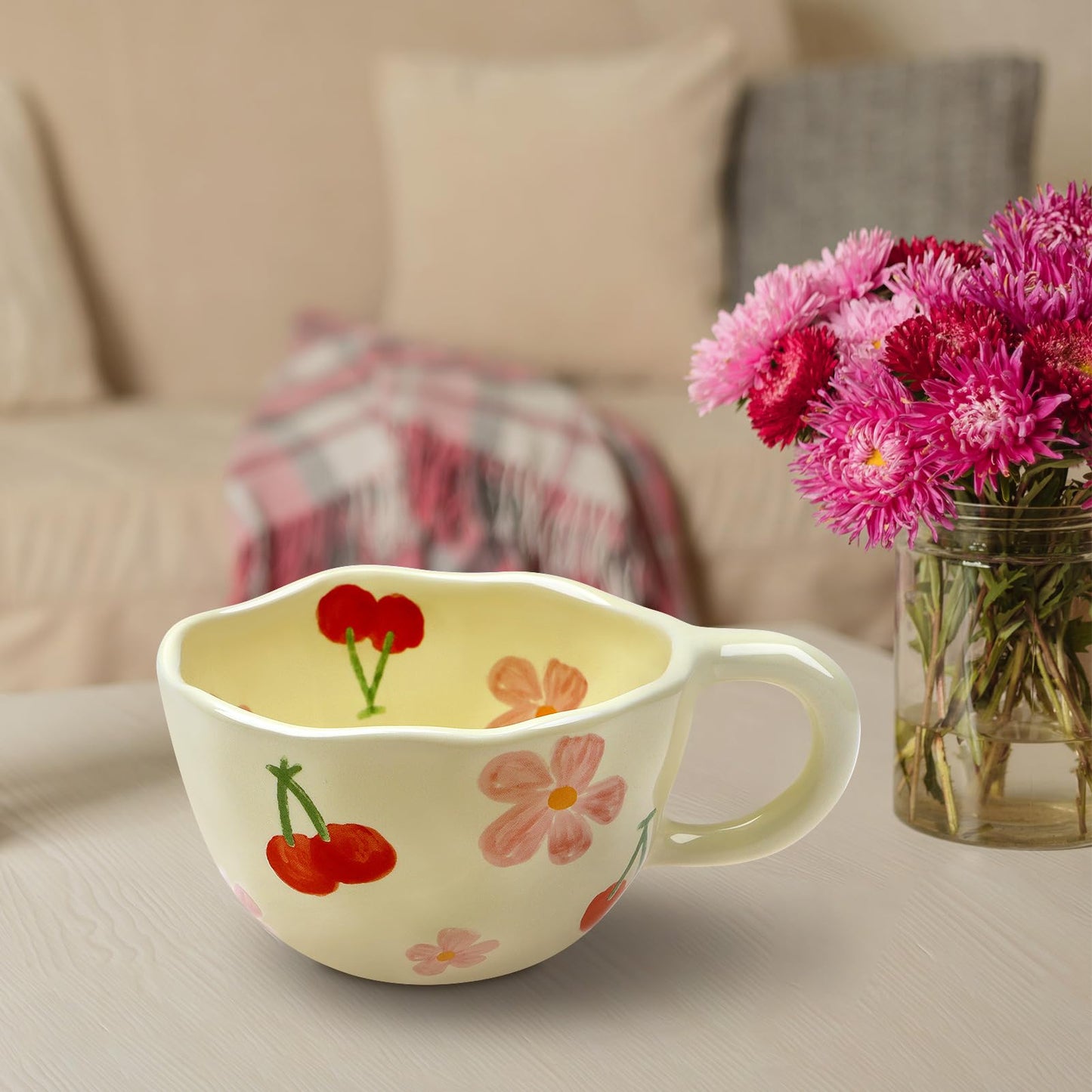 NAYAHOSE Ceramic Coffee Mug, Creative Cute Coffee Mugs Handheld Irregular Aesthetic Flower Ceramic Mug for Women Latte Tea Milk Oats Cup Breakfast Cups，8.5 oz/250 ml (Red Cherry)