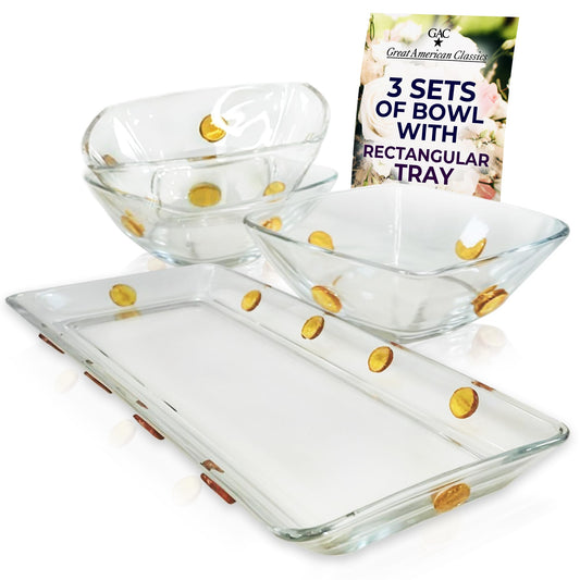 GAC Elegant Glass Square Bowls Set with Matching Rectangular Tray - 3-Piece Decorative Glass Centerpiece with Gold Dots, Square Serving Bowls for Condiments, Snacks, & Parties- Thoughtful present.