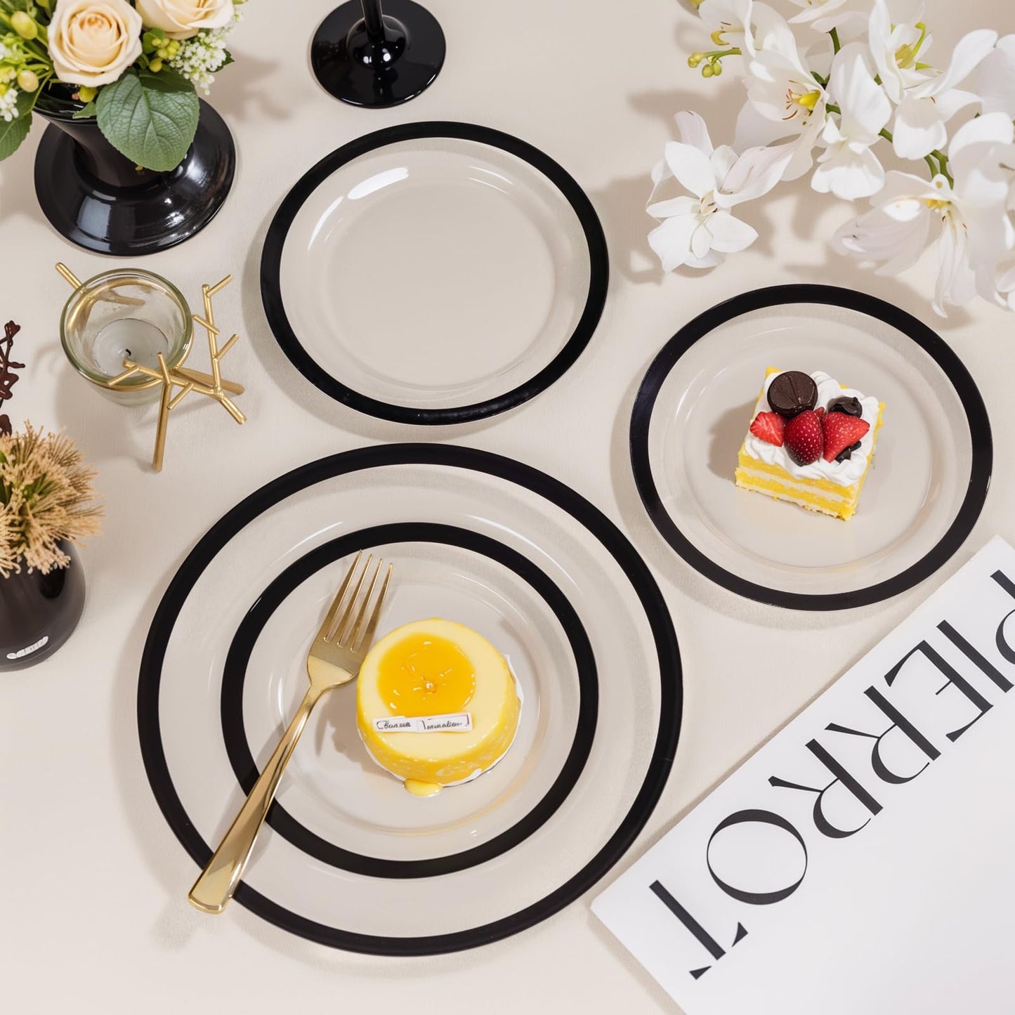 supernal 120PCS Black Rimmed Clear Plastic Plates, Heavy Duty Disposable Dinnerware Set - 60 Dinner & 60 Dessert Plates for 2026 Graduation Party, Black and White Wedding Reception & Elegant Catering