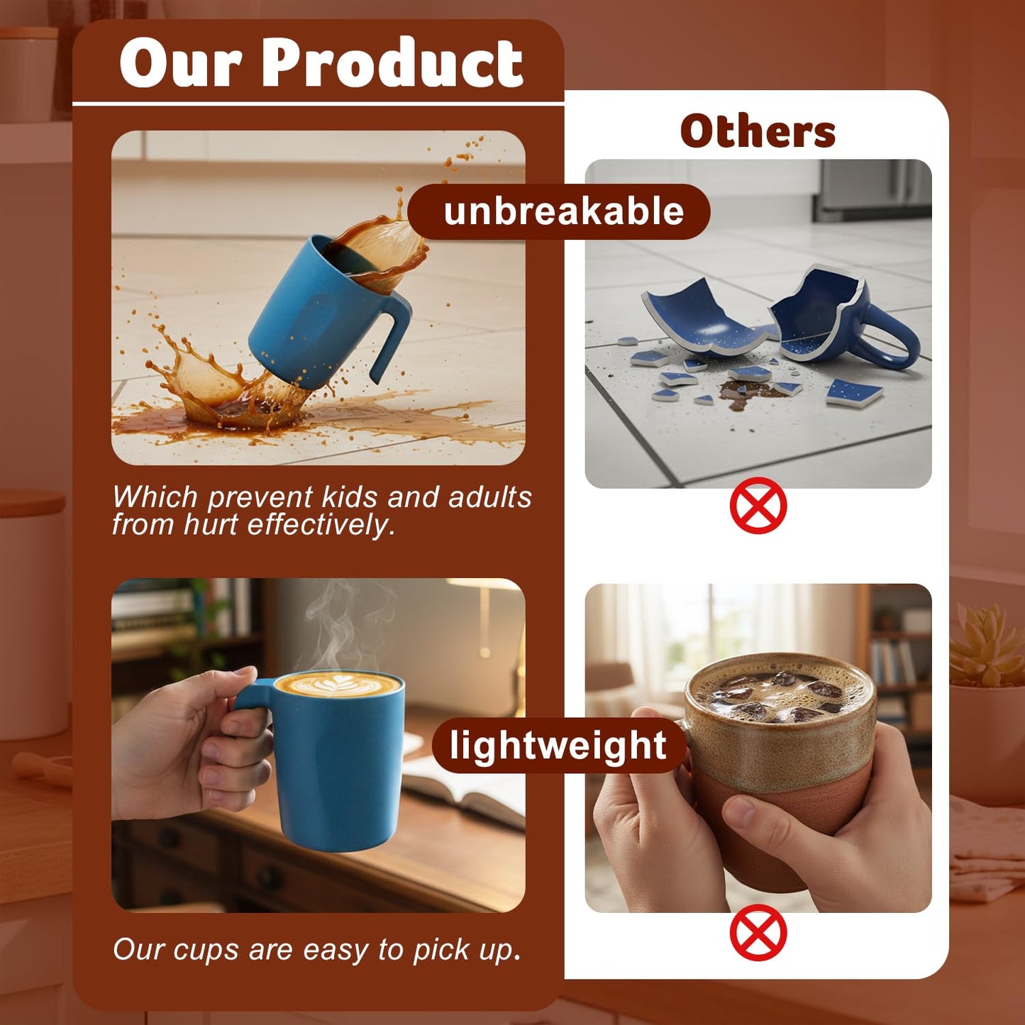 Perlapoc Coffee Mugs Set of 6, Wheat Straw Cups 16 OZ, Unbreakable Coffee Mugs with Handles, Reusable Tea Cup, Microwave Safe & Dishwasher Safe Coffee Tea Cups for Kitchen, Camping, RV, Multi