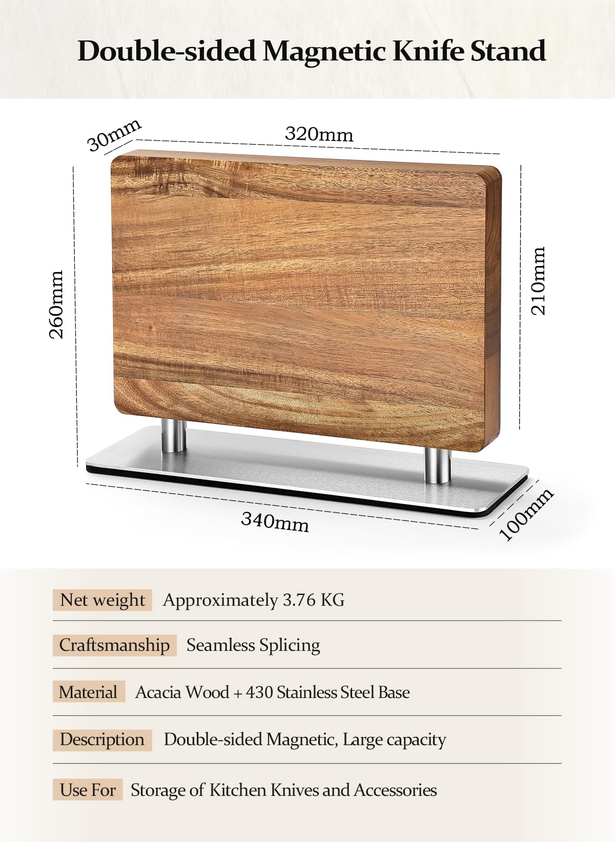 Strong Double Sided Magnetic Knife Block Without Knives, with Acacia Wood+430 Stainless Steel Base，Magnetic Universal Stands with Strong Enhanced Magnets Strip Kitchen Storage Cutlery Large Organizer