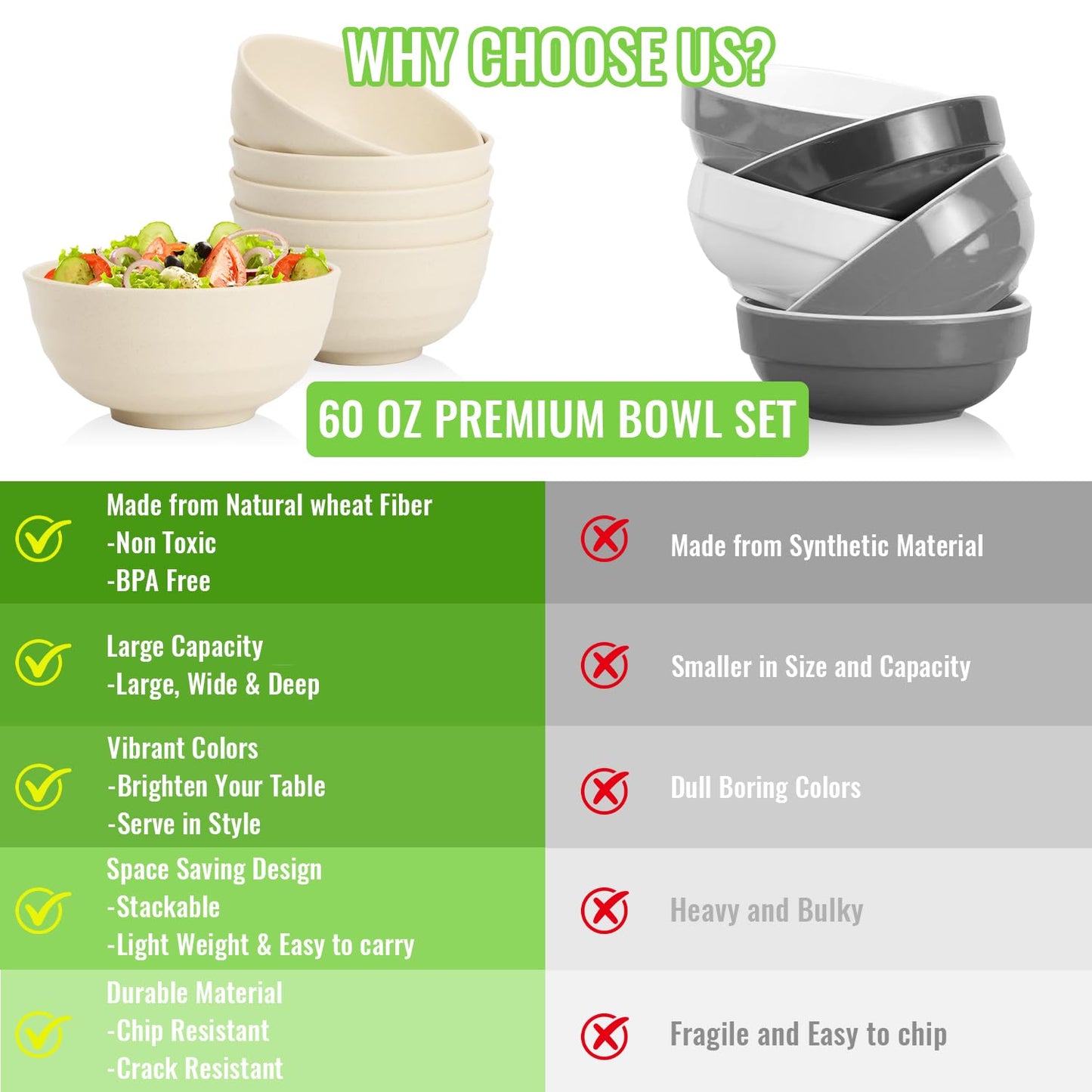 Perlapoc Large Wheat Straw Bowls Set of 6, 60 OZ Unbreakable Serving Bowls, Microwave Safe & Dishwasher Safe, Perfect for Salad, Fruit, Cereal, Soup, Ramen, Family Meals, Beige
