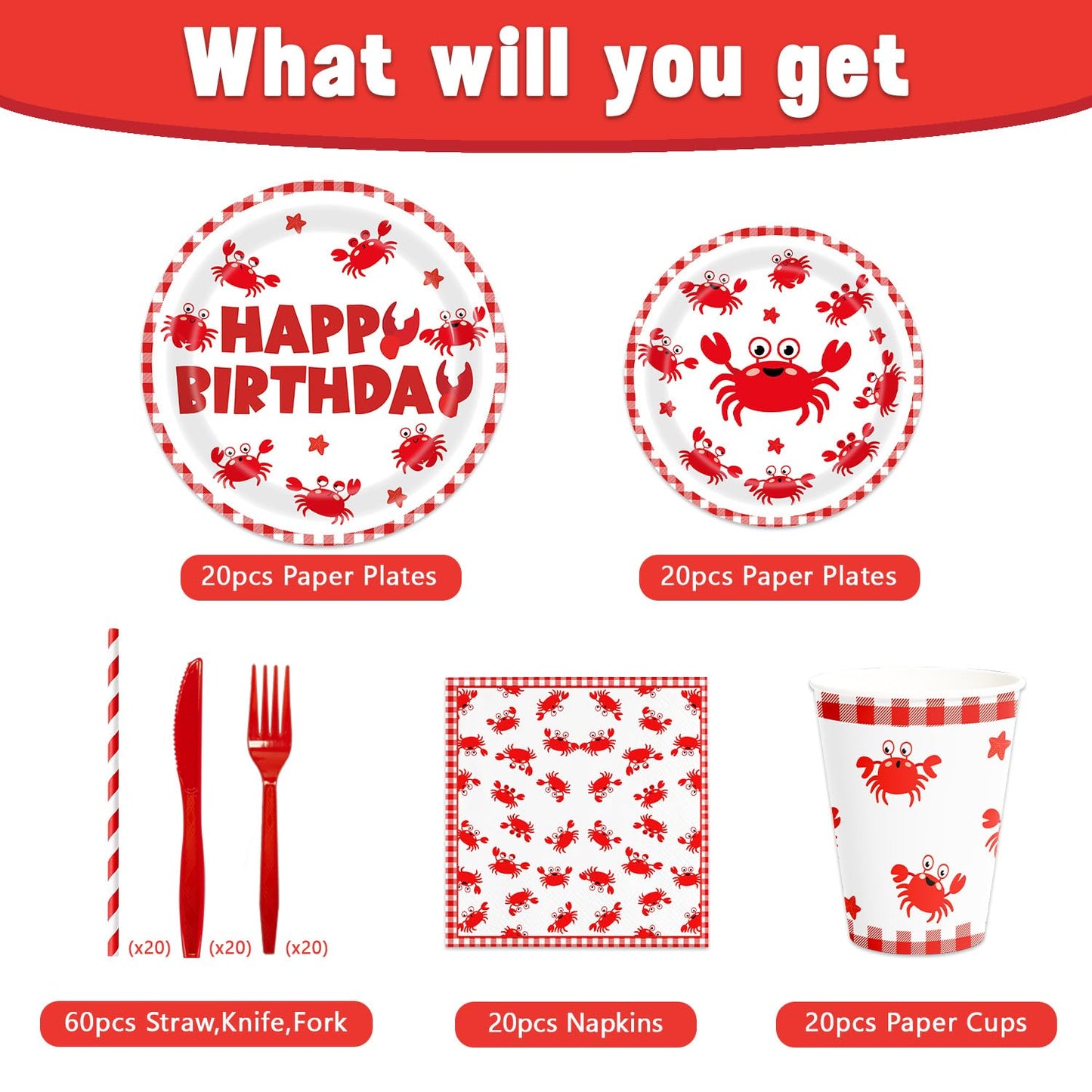 140Pcs Crab Birthday Party Decorations for 20 Guests Tableware Supplies Picnic BBQ Crabs Seafood Boil Party Plates and Napkins Forks Cups Knives Straws for Kids Baby Shower Birthday Party Decorations