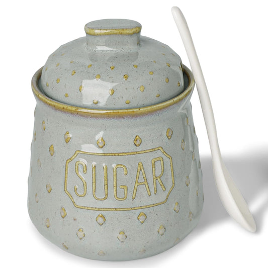 QUXIJA Sugar Bowl with Lid and Spoon, 10 OZ Ceramic Sugar Container for Kitchen Accessories, Sugar Storage Containers, Farmhouse Decor (Vintage Grey)