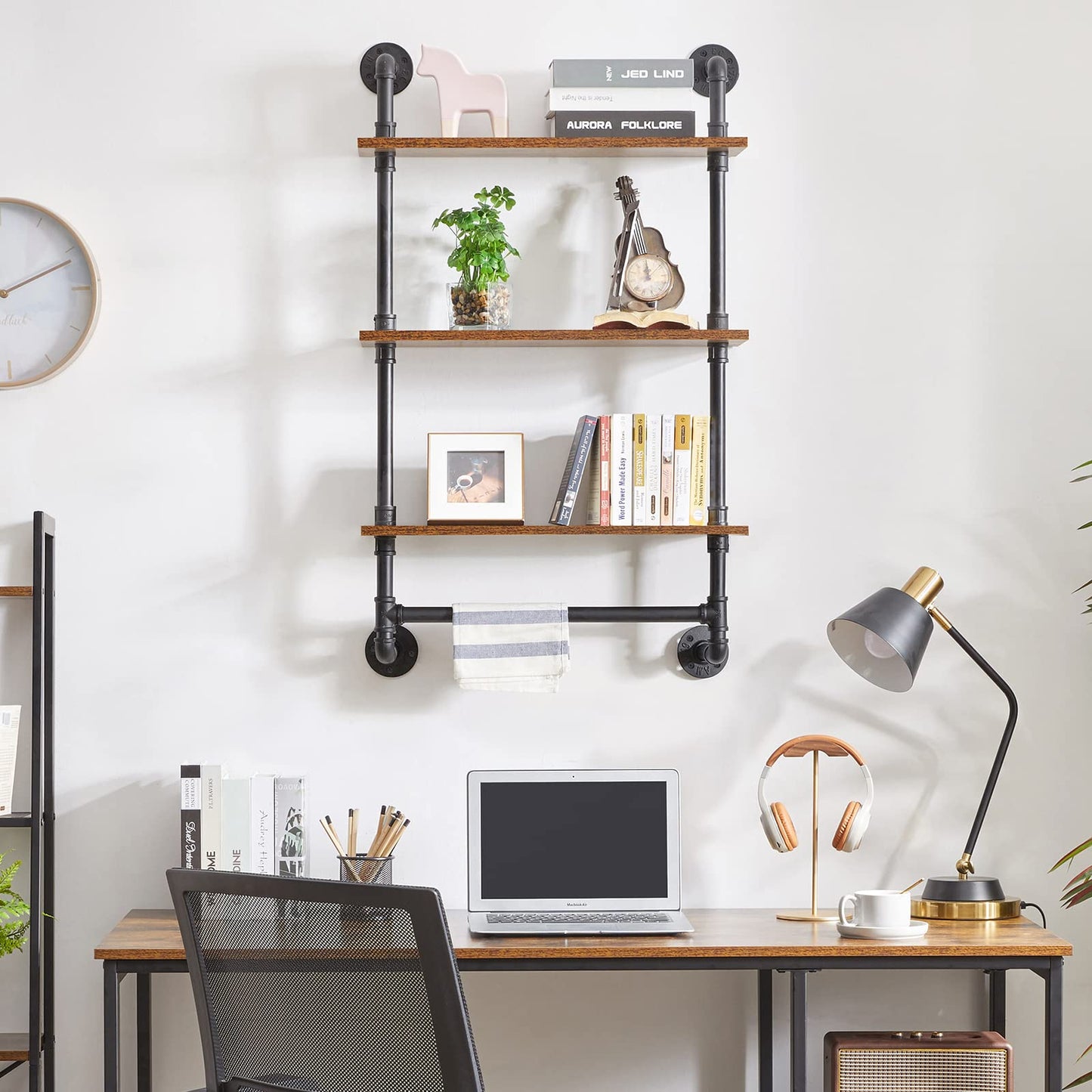 IBUYKE Industrial Pipe Shelf,40.5 inches Wall Mount Bookcase,3-Tier Wall Shelf with Towel Bar,Rustic Iron Pipe Floating Shelvesfor Bedroom,Kitchen,Living Room,Bathroom URF-TM015