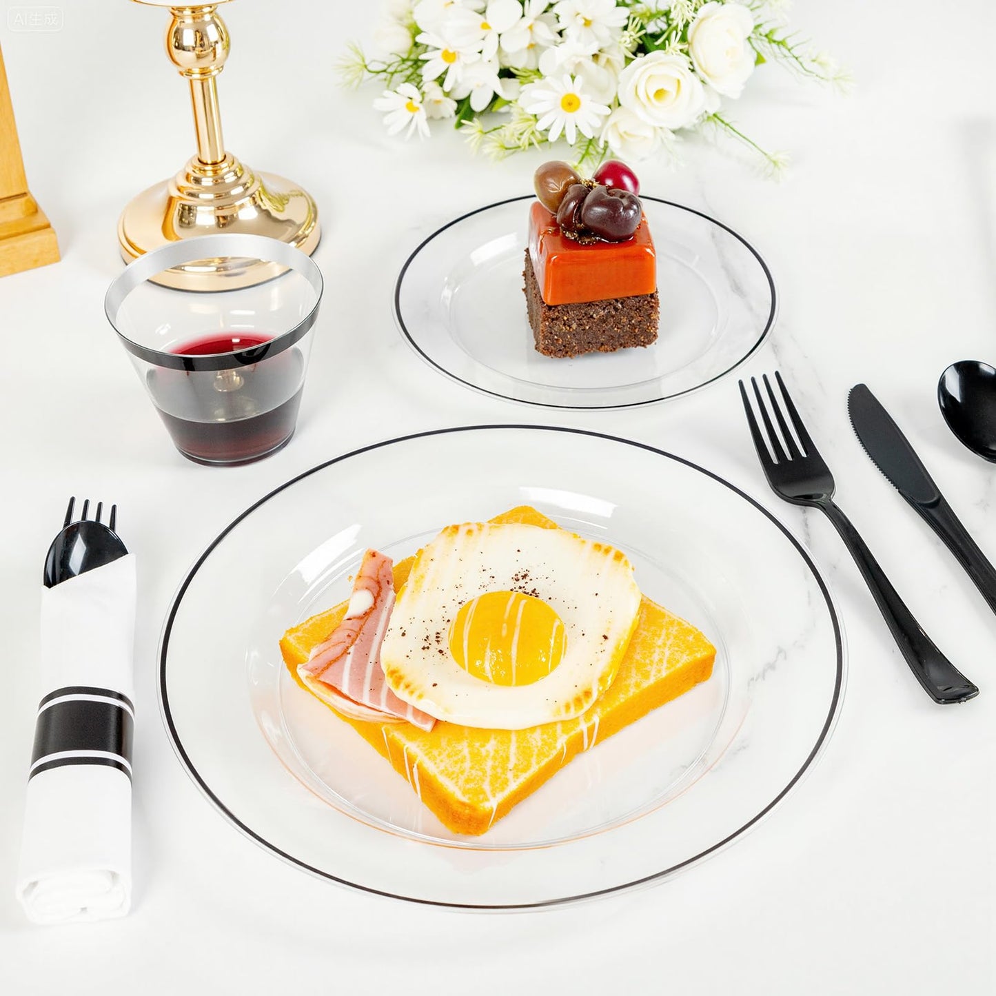 SUT 350 Pcs Black and Clear Plastic Dinnerware Set for 50 Guests, Include: 50 Dinner Plates, 50 Dessert Plates, 50 Pre Rolled Napkins With Silverware, 50 Cups, Disposable Plates for Party