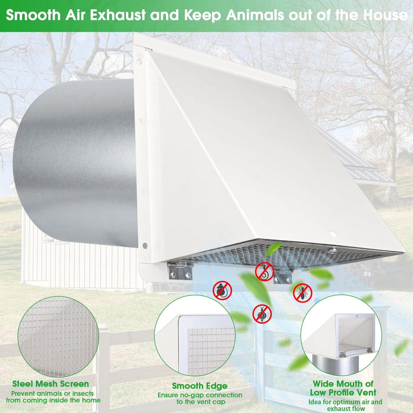6 Inch Hooded Wall Vent with Screen and Damper,6 Inch Exhaust Vent Cover Cap for Outdoor Kitchen Range Hood Dryer Ventilation,Outside Wall Mount Extractor for House Air Exhaust,Galvanized Steel,White