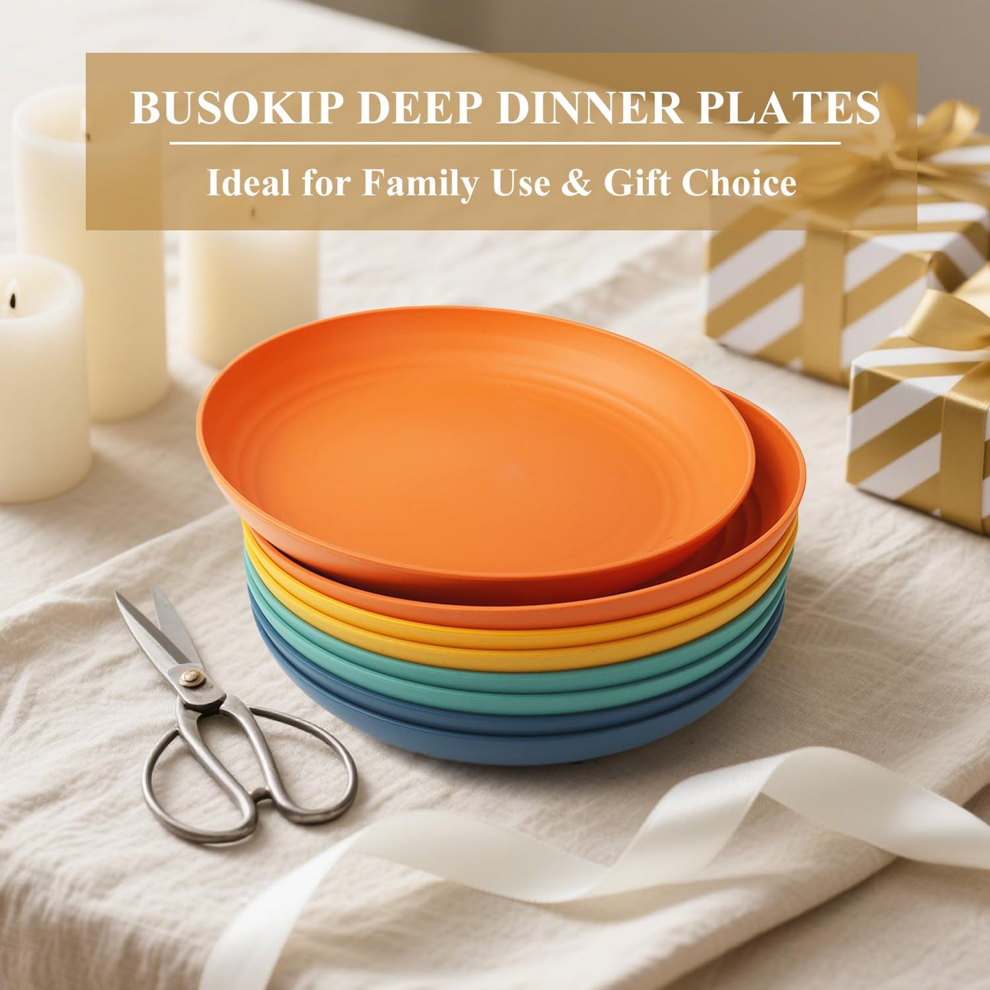 BUSOKIP Wheat Straw Plate 9 Inch, Deep Dinner Plates Set of 8, Unbreakable Plastic Plate Reusable, Microwave & Dishwasher Safe Kitchen Plates for Camping, Picnic, Travel, Outdoor (Multi Colors)