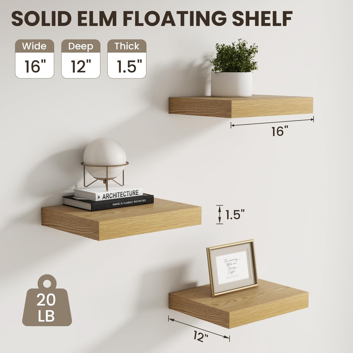 Dreamland Floating Shelves 16 inch, 2 Pack Rustic Wooden Wall Shelves, Wall Mounted Storage Shelf for Living Room, Kitchen, Farmhouse - Oak