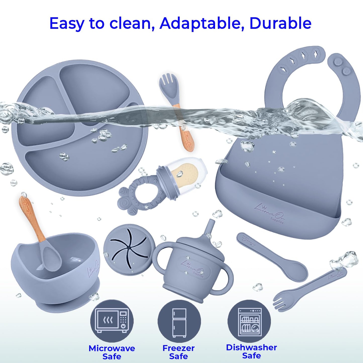 Silicone Baby Feeding Set, 10 Pcs Baby Led Weaning Supplies | BPA-Free Baby Dishes with Toddler Plates and Bowls Set, Silicone Bib, Suction Cup, Baby Spoons & Forks | Empower Independence – Gray